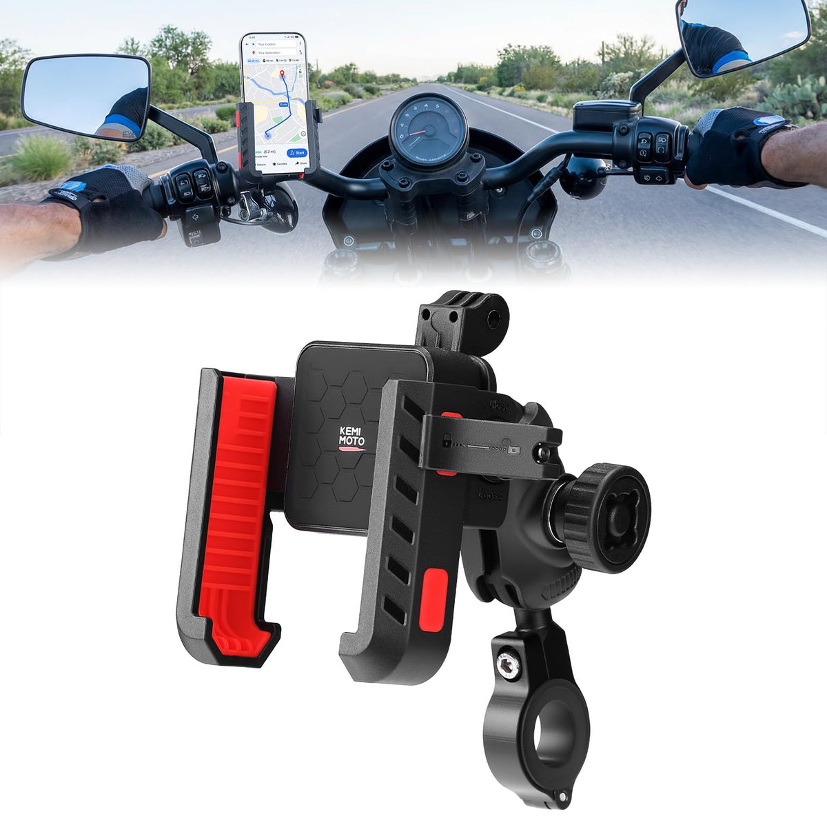 KEMIMOTO Motorcycle Phone Mount with Anti-Theft, Anti-Vibration Dampener Mount One-Hand Operation 360° Adjustable for Motorcycle Bike ATV Scooter Golf Cart Fit 4.7"-7.2" Cellphone