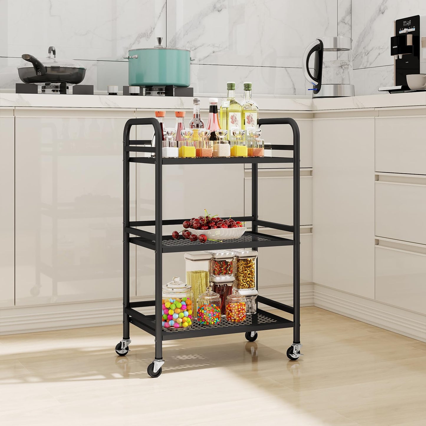 HDANI 3 Tier Rolling Cart,Heavy Duty Multifunctional Metal Frame-Supports 22 Lbs Per Tier,Mesh Rolling Cart with 2 Lockable Wheels for Office,Home,Bedroom,Kitchen,Bathroom,Black