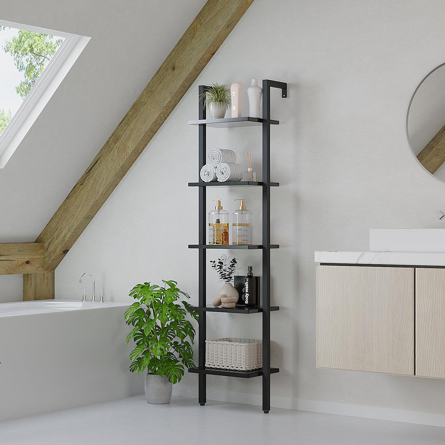 YMYNY 5 Tiers Narrow Ladder Bookcase, Industrial Wall Mounted Bookshelf, Open Display Rack with Metal Frame, Wooden Storage Shelves for Bedroom, Home Office, Living Room, Black, 70*17.3*11.8"UHBC015B