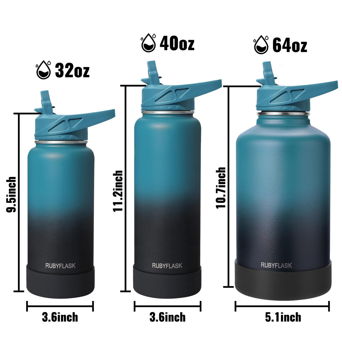 RUBYFLASK 32oz Insulated Water Bottle with Straw, Stainless Steel Metal Vacuum Water Flask, Large Thermal Water bottle with Leakproof 3 Lids for Travel, Camping, Gym Sports Indigo Black