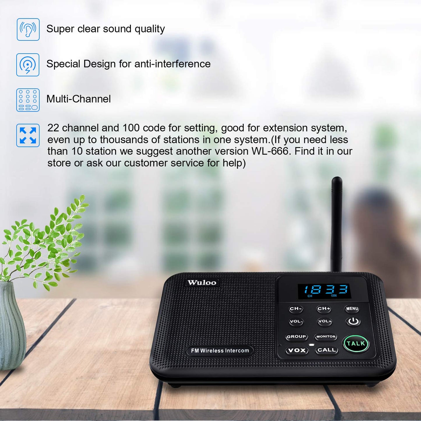 Wuloo Intercoms Wireless for Home 1 Mile Range 22 Channel 100 Digital Code Display Screen, Wireless Intercom System for Home House Business Office, Room to Room Intercom Communication (6 Packs, Black)