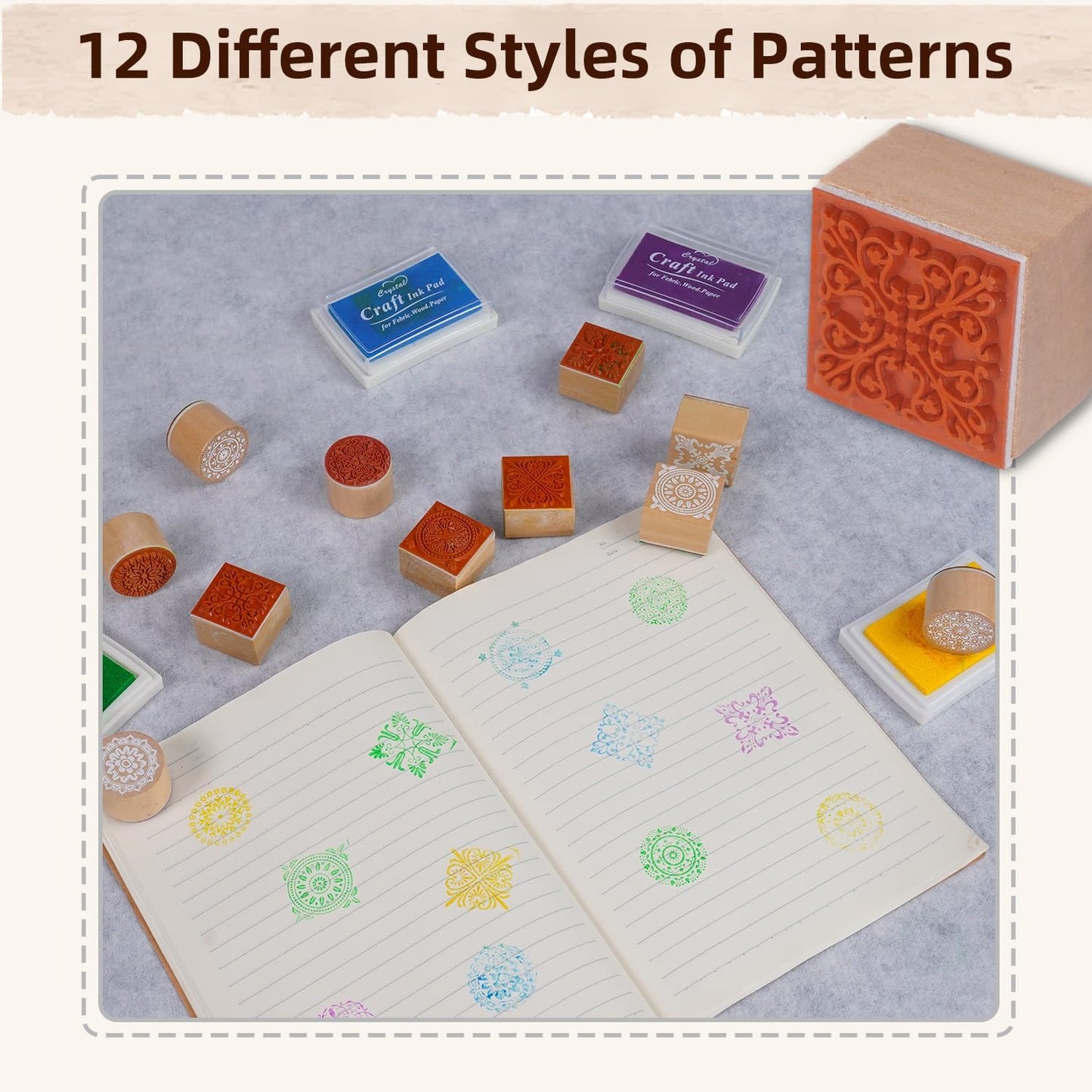 16Pcs Rubber Stamps and Craft Ink Pads, Decorative Wooden Stamps with Ink Pads for Stamps, Wood Stamps for Crafting, Letters, Scrapbooking and DIY Craft Card