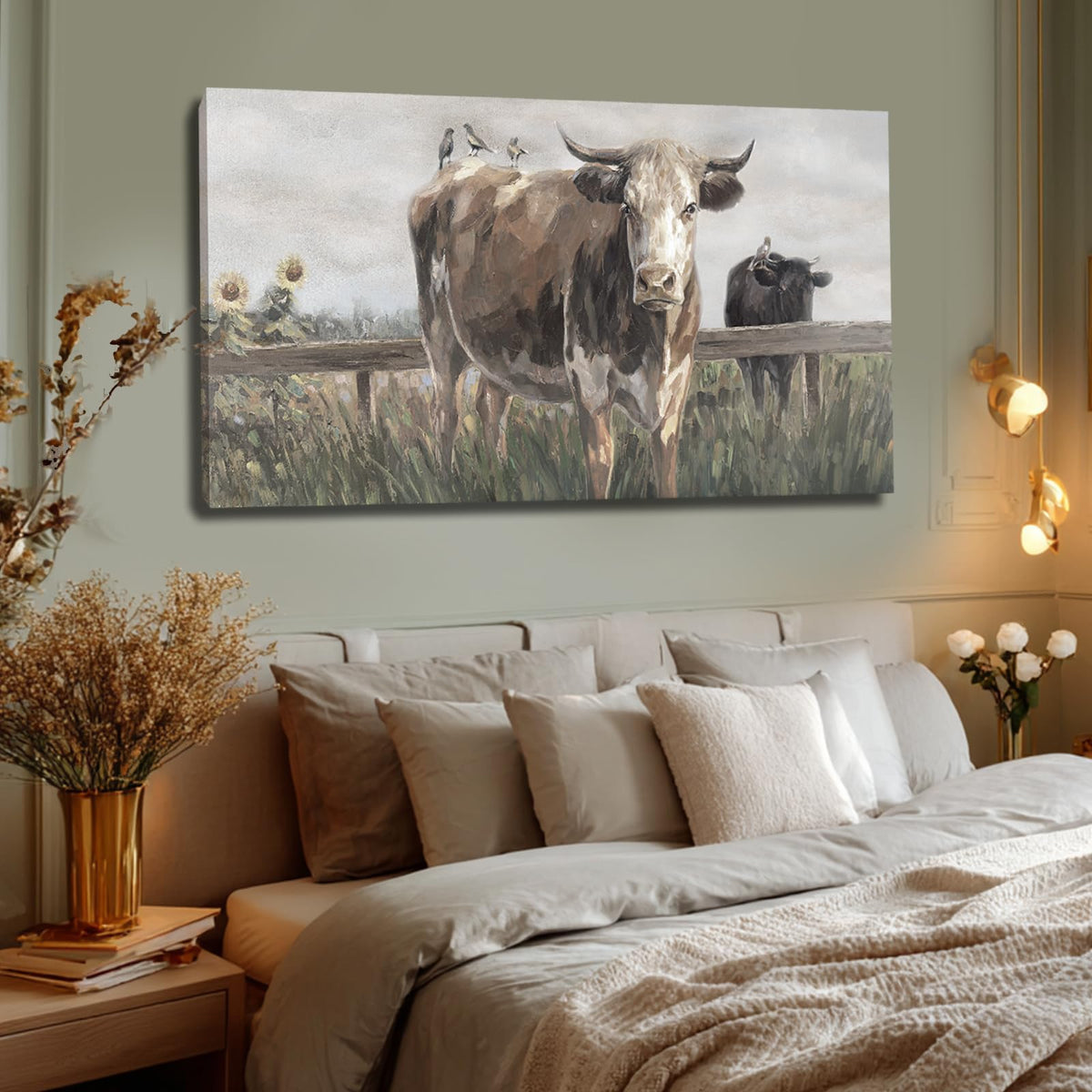 Visual Art Decor Cow Decor black and brow Canvas Print Animal Artwork for livingroom,bedroom,office 40x20 inches