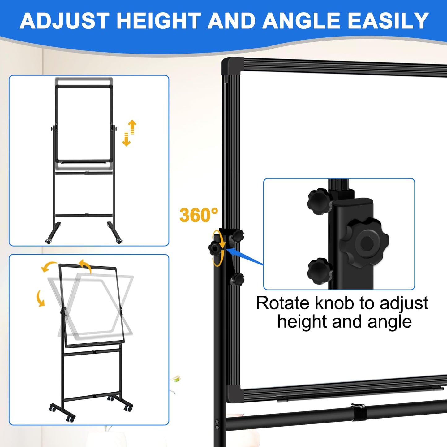 Max-officoo Double Sided Standing Corkboard and Magnetic White Board Dry Erase, 24"x36" Adjustable Height & Angle Mobile Whiteboard with Rolling Wheels