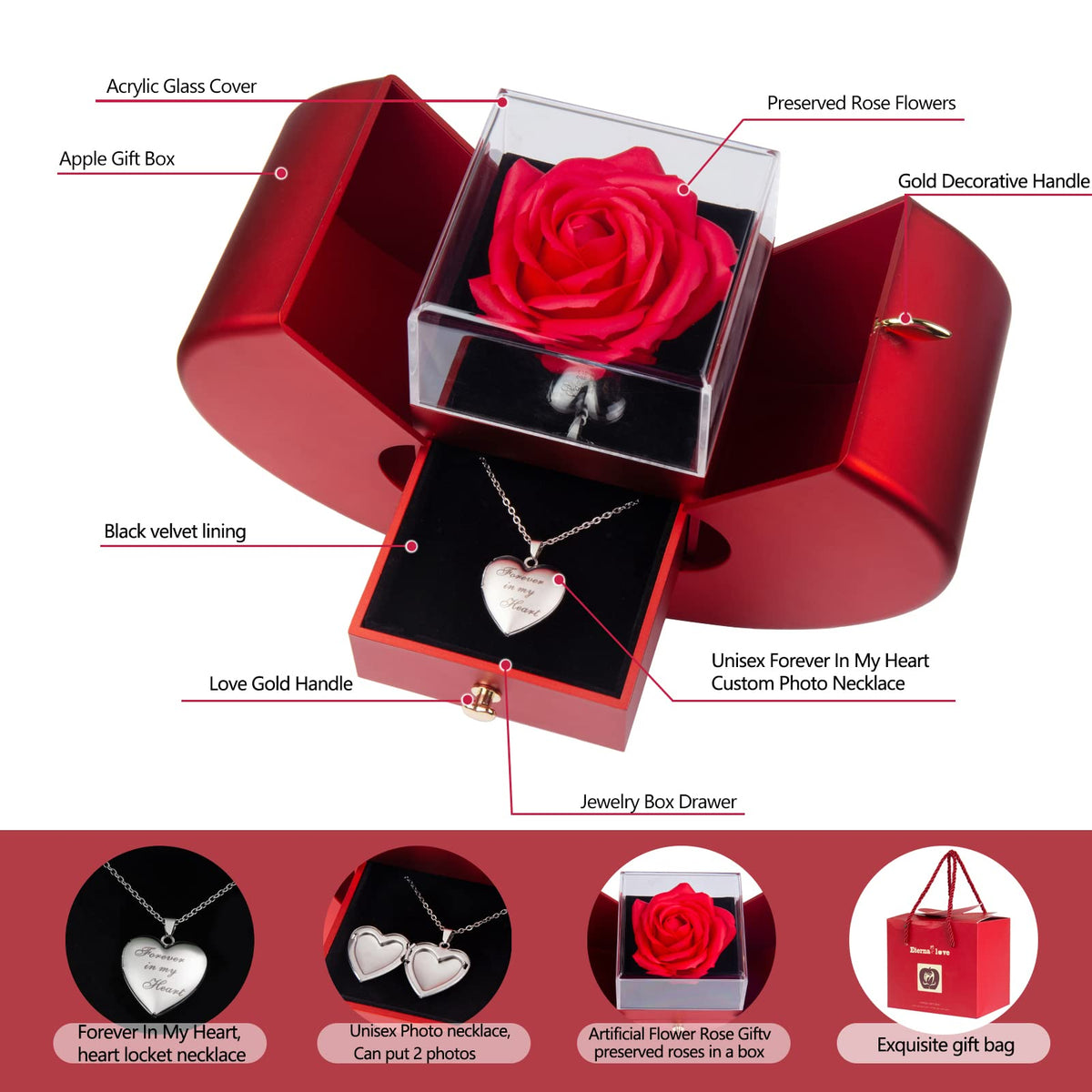 SOVIUPRZ Preserved Real Roses Birthday for Women Cherish These Eternal Flowers with Forever in My Heart Photo Necklace Rose Heart Box to My Love Romantic for Her Girlfriend Wife Mother Mom Grandma
