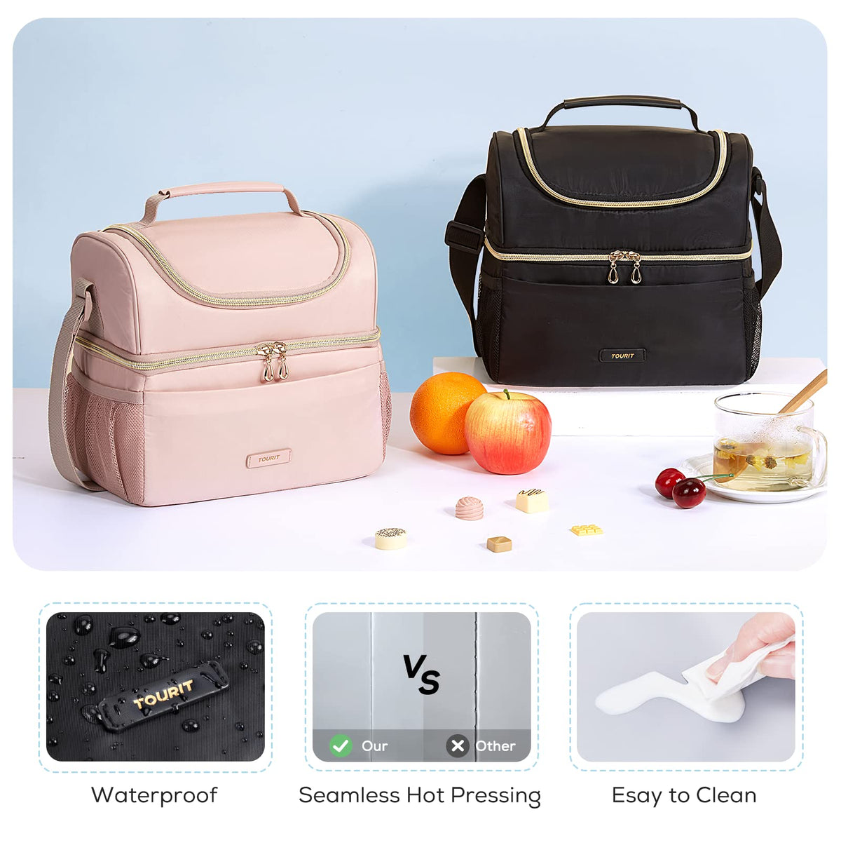 TOURIT Insulated Lunch Bag with Dual Compartment, Leakproof Cooler Tote for Work Office Picnic, Thermal Food Container Black