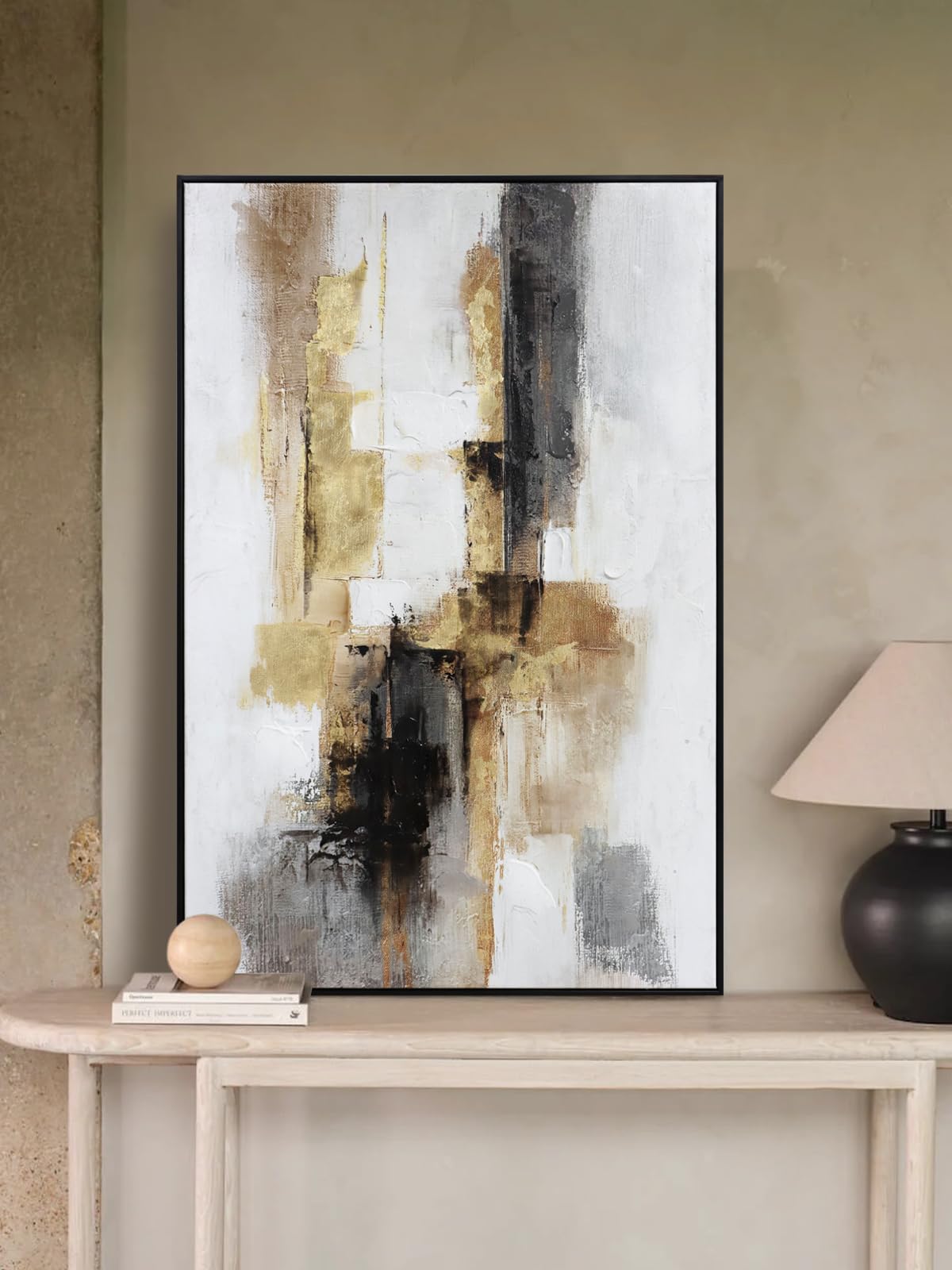 3-Piece Black & Gold Abstract Wall Art - Modern Textured Canvas Prints with Hand-Applied Brush Strokes, Large Wall Decor for Living Room, Bedroom, or Office, 2 x 12 x 36 and 1 x 24 x 36 Inches
