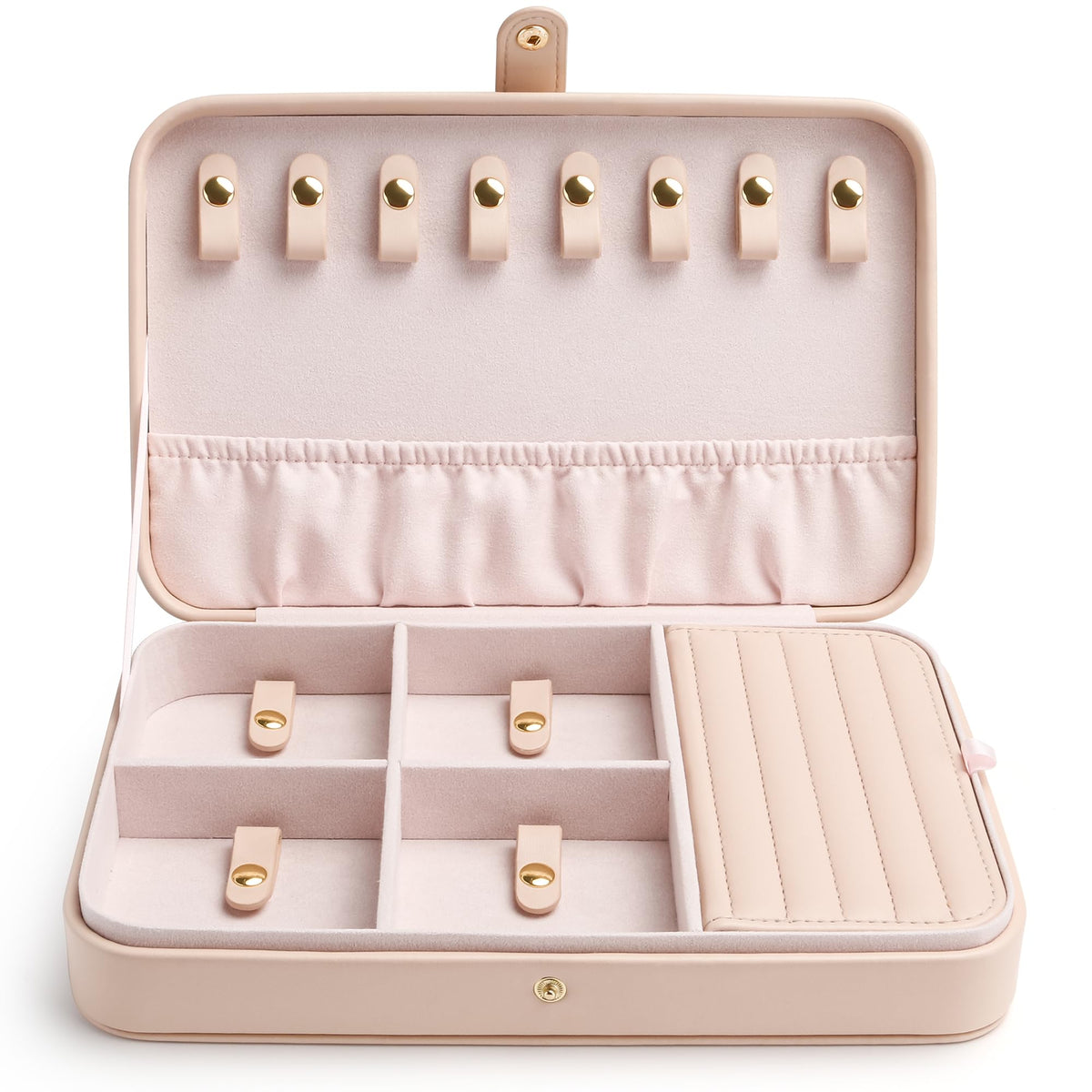 VELORIA PU Leather Travel Jewelry Organizer with 8 Snap Clasps, Elastic Pouch, Hidden Compartment, Compact Jewelry Case for Necklaces, Earrings, Bracelets and Bangles, Cloud Pink