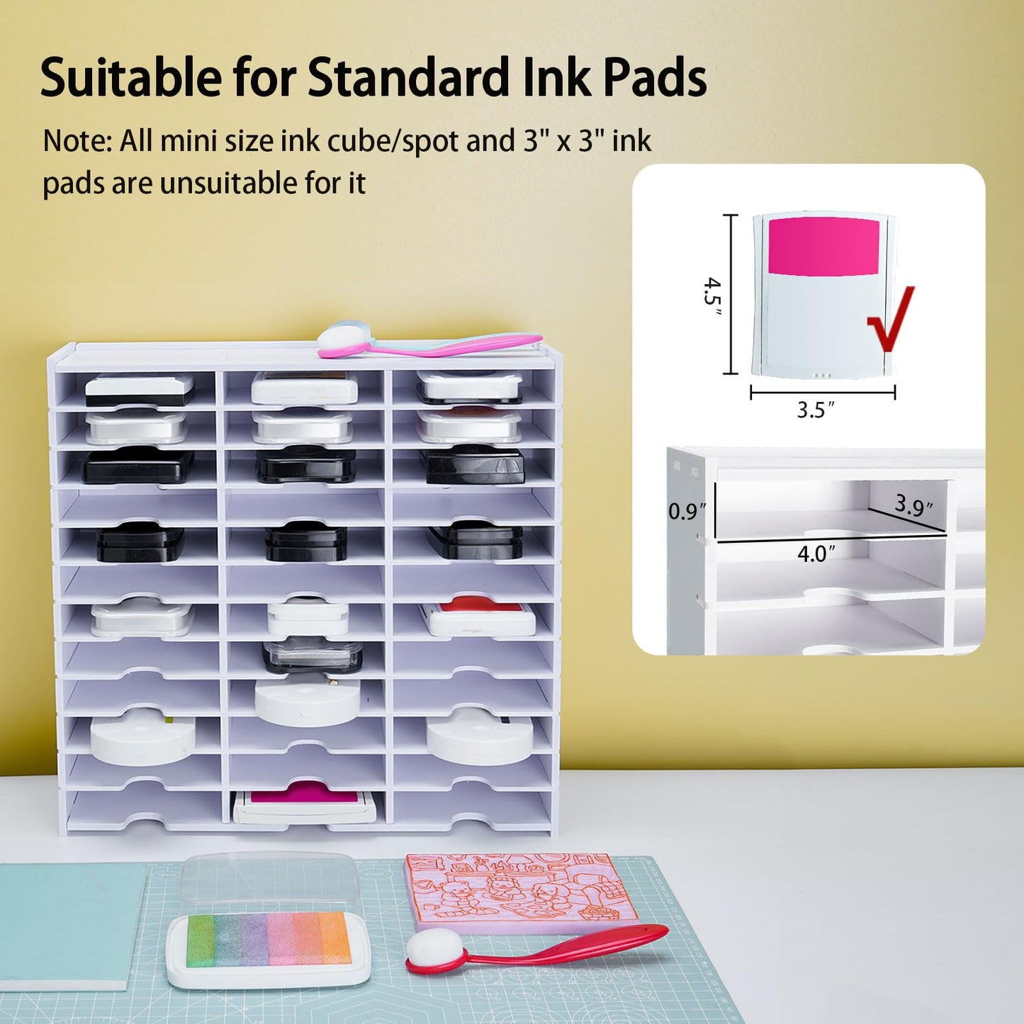 Krafetto 36 Grids Ink Pad Storage Rack, Wall-mountable Stamp Pad Organizer Holder Compatible with Standard Size Ink Pads（Grid Size 4.1" W × 3.9" D × 0.9" H）