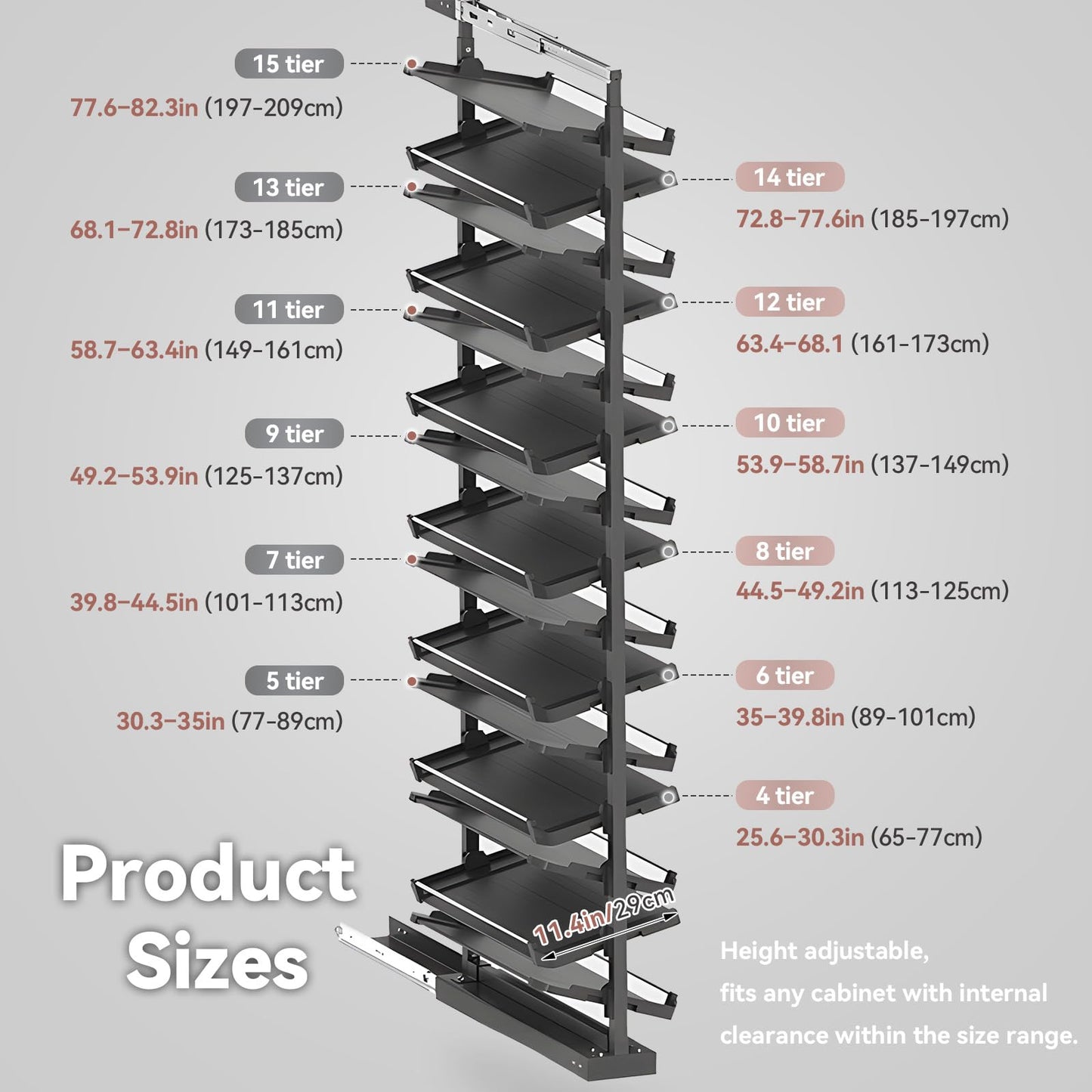 4-15 Tier Cabinet Pull Out Shoe Rack, Adjustable Vertical Shoe Organizer for Closet and Wardrobe Cabinet, Heavy Duty Slide Out Shoe Storage System, Under Stairs Storage, Fits Depth 17.7"-34.3"