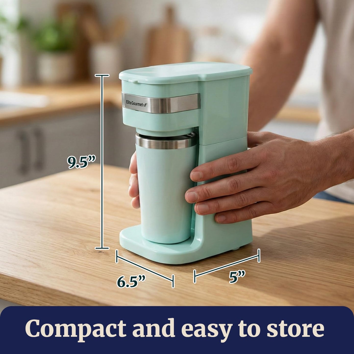 Elite Gourmet EHC113M Personal Single-Serve Compact Coffee Maker Brewer Includes 14Oz. Stainless Steel Interior Thermal Travel Mug, Compatible with Coffee Grounds, Reusable Filter, Mint