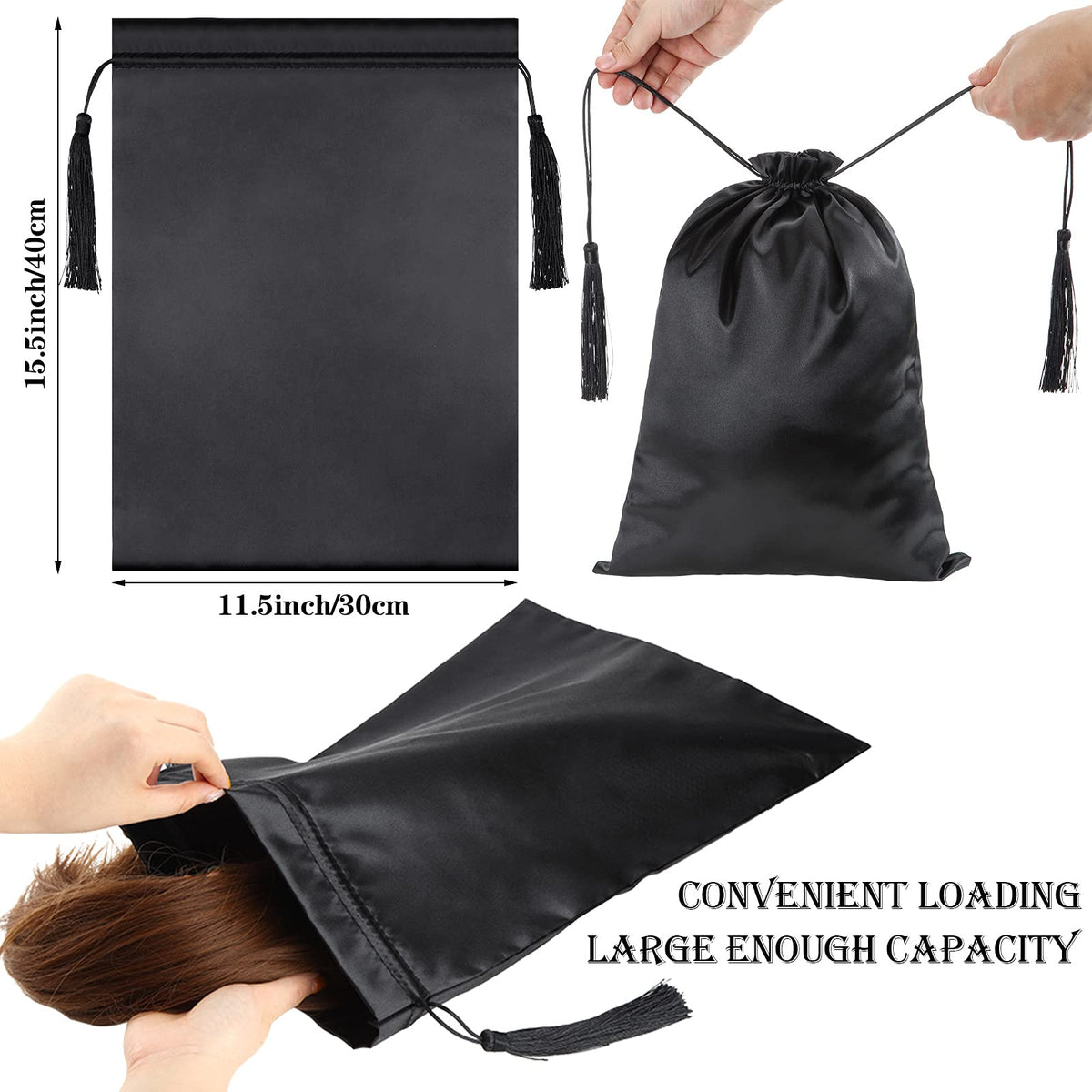 Shappy 4 Pieces Silk Satin Wig Bag Black Hair Bags with Drawstring Tassel Stuff Satin Black Gift Travel Storage for Packaging Bundles Extension Home Salon Travel