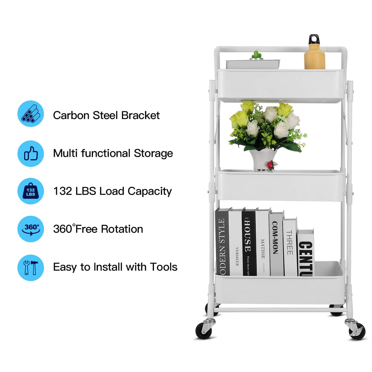 johgee Foldable 3 Tier Metal Utility Rolling Cart, Folding Mobile Multi-Function Storage Trolley Organizer Cart for Home Library Office(White)
