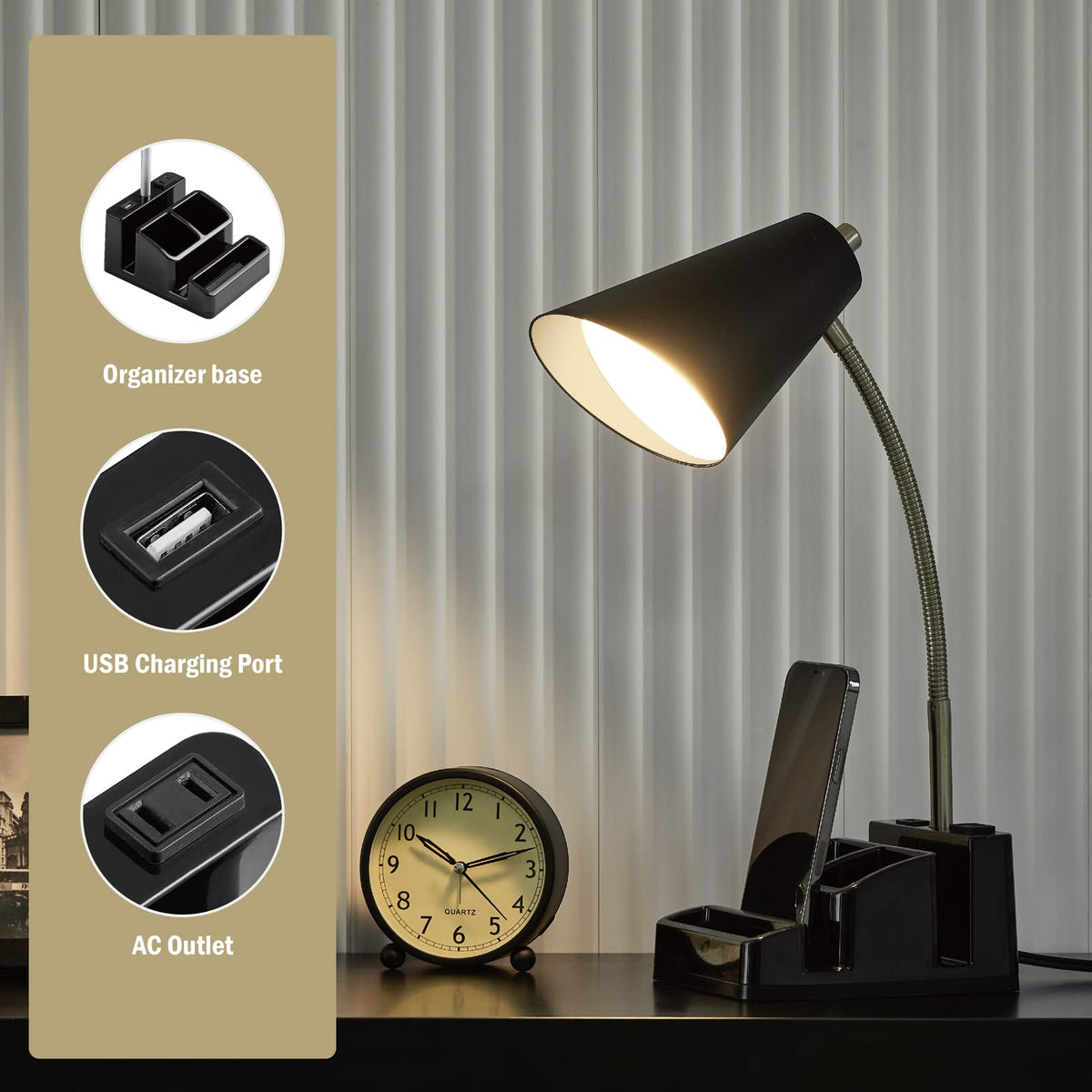 LED Desk Lamp with 1 USB Charging Port and 1 AC Outlet, Organizer Base, Adjustable Neck, On/Off Switch, Modern Table Lamp for Reading, Working, Studying, Gentle Warm White Light, Eye Protect(Black)