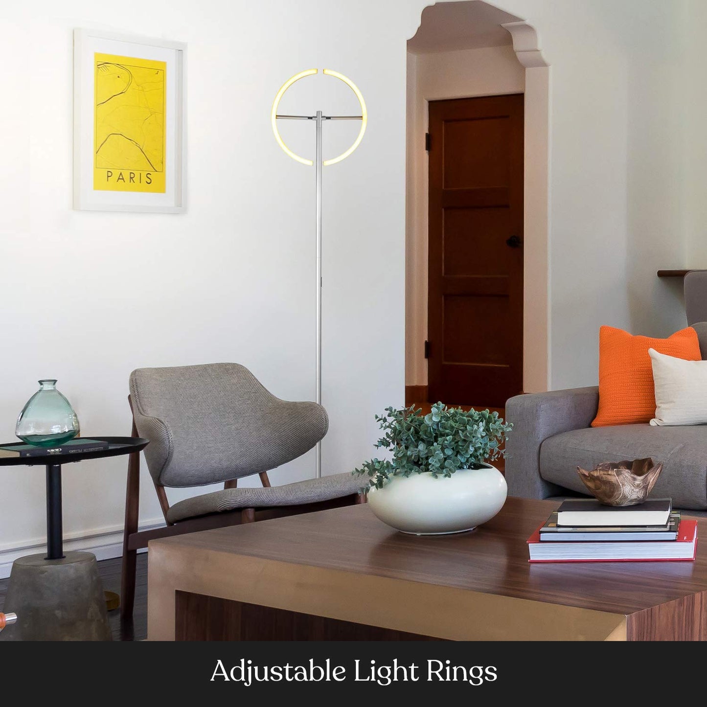 Brightech Halo Split Floor Lamp, Modern Bright LED Torchiere Floor Lamp for Offices - Dimmable, Tall Standing Lamp for Living Room or Bedroom - Adjustable Light w/Rotating Angles - Platinum Silver