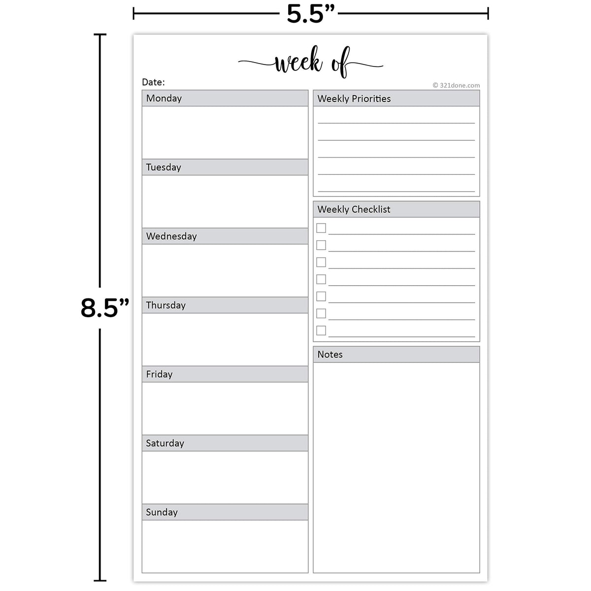 321Done Weekly Planning Notepad - 50 Sheets (5.5" x 8.5") - Week Priorities to Do List Tear-Off Pad, Planner Checklist Organizing - Made in USA - Simple Script