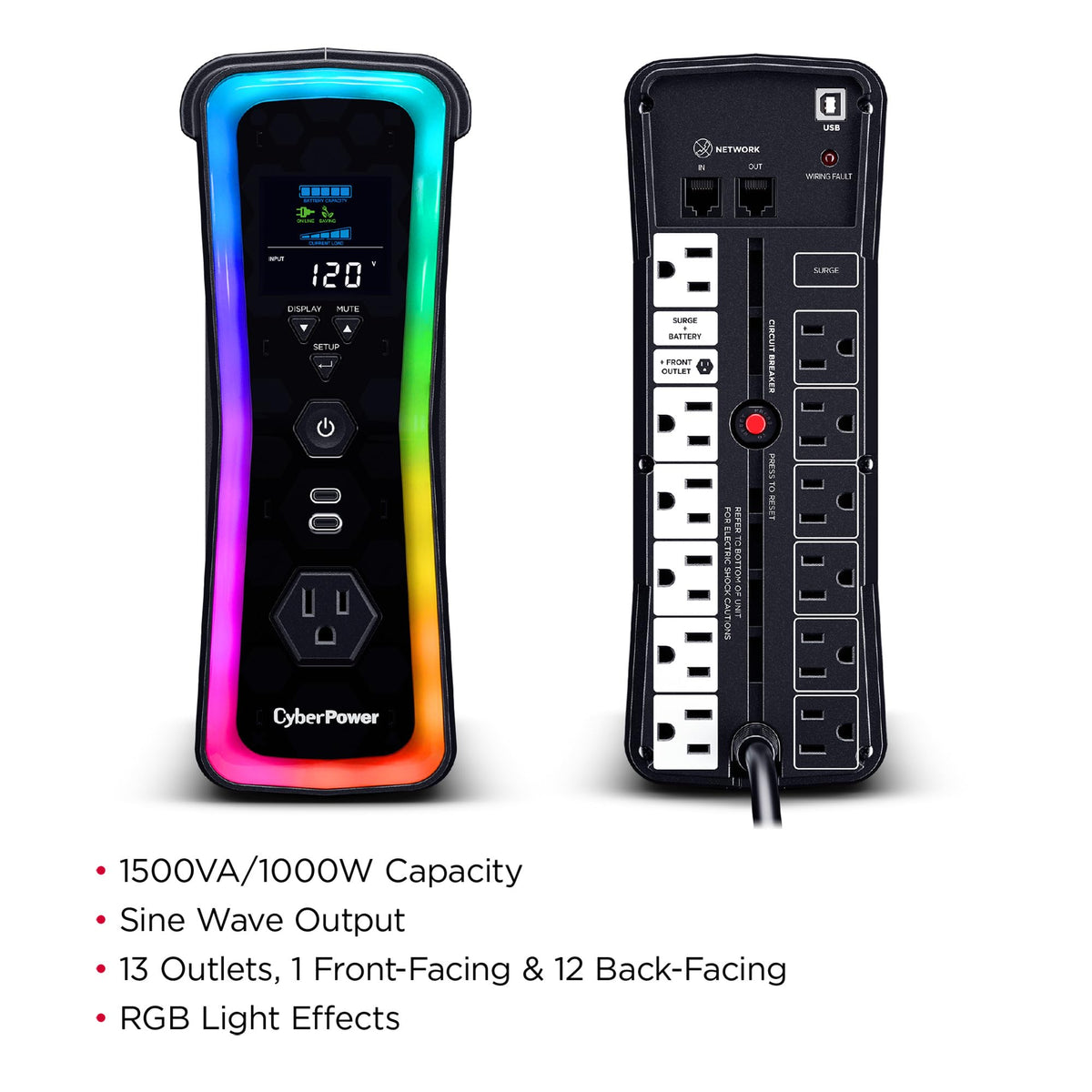 CyberPower GX150C2-E Gaming UPS Battery Backup and Surge Protector, 1500VA/1000W, RGB Lighting, 13 Outlets, USB‑C Charging, UL Certified
