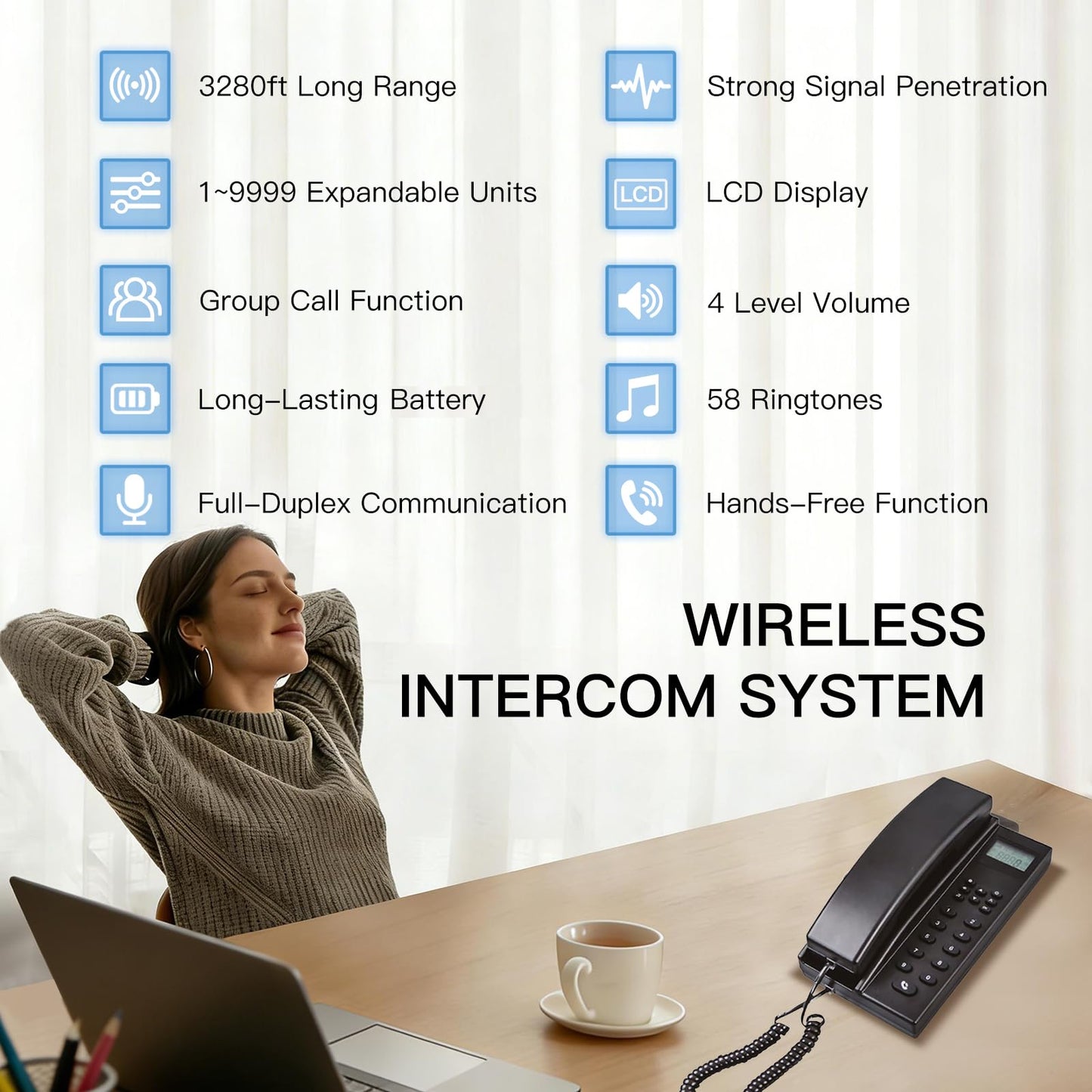 PANDAAR Intercoms Wireless for Home, Hands-Free Home Intercom Systems, 3280ft Long Range Wireless Intercom System for Business Office House Cordless Phones Intercoms (2 Pack,Black)