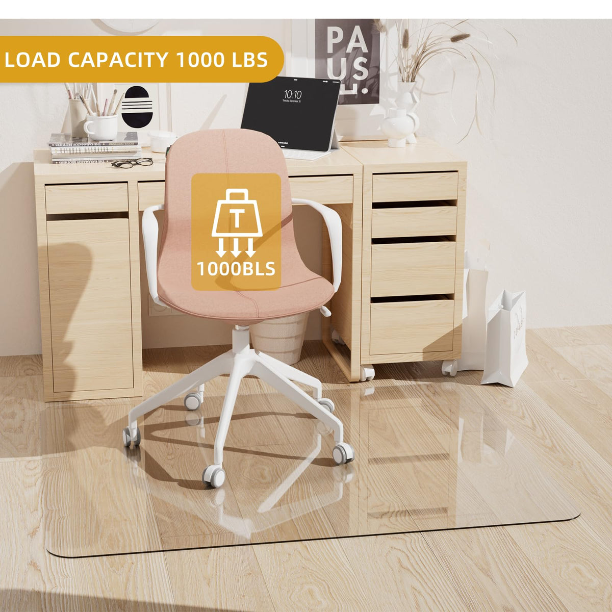 Tcyzest Tempered Glass Chair Mat 48" x 32",1/5" Thick for Office Desk,Rolling Chair Mat for Carpet, Odorless, Easy to Clean with 4 Non-Slip Pads for Carpet & Hardwood Floors
