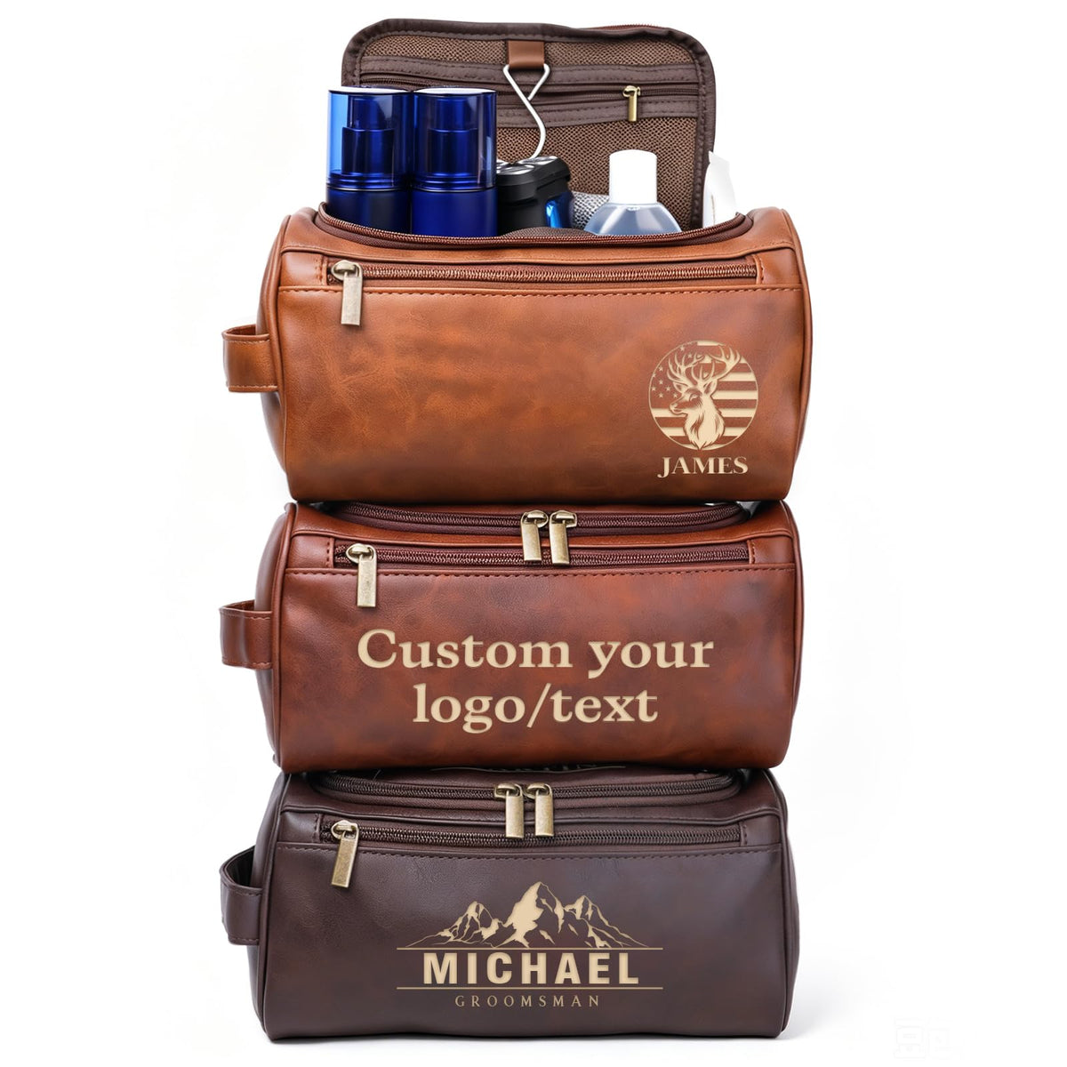 Aeekdook Personalized Toiletry Bag for Men - Engraved Name/Logo, Waterproof PU Leather Dopp Kit with Hanging Multi-Compartment, Unique Gifts for Men Husband Groomsmen Boyfriend Birthday Father's Day