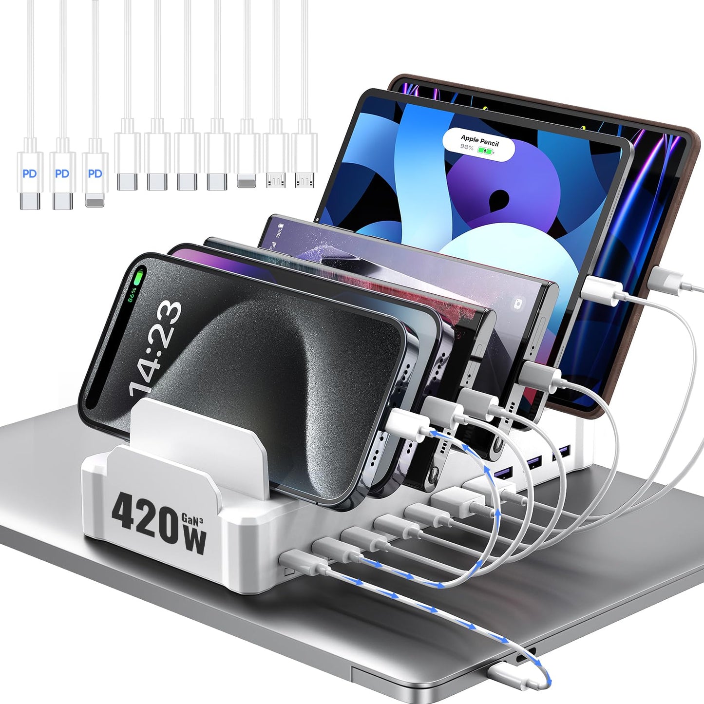 420W Charging Station for Multiple Devices, Zobirez 10-Port USB C Fast Charger Stations for MacBook, iPhone, Android Cell Phone, iPad, Tablet, Family Multi-Device Organizer Charging Dock, White
