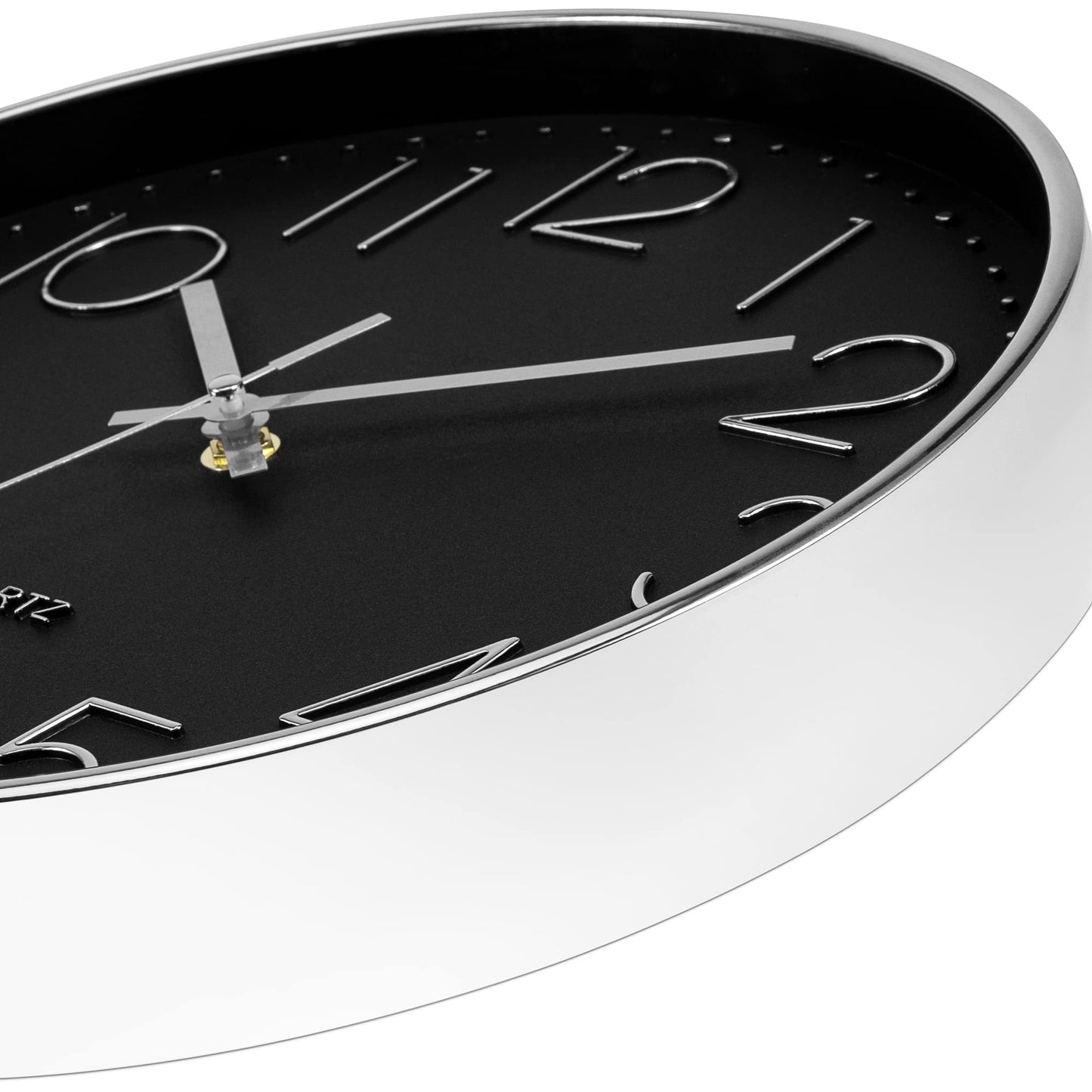 Foxtop Silver Wall Clock Silent Non-Ticking Battery Operated Round Modern Wall Clock for Office School Home Living Room Bedroom Bathroom Kitchen Decor (12 Inch, Black Dial)