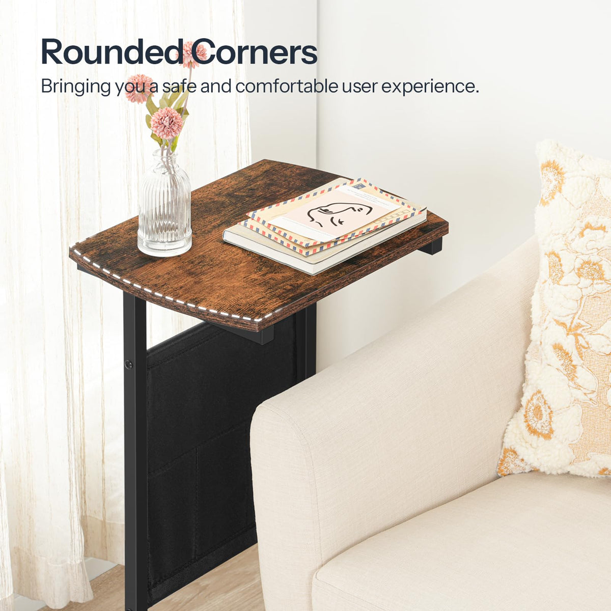 HOOBRO C Shaped End Table, 28.3" Side Table for Small Spaces, Couch Table with Storage Bag, Slide Under Sofa Side Table, for Living Room, Bedroom, Rustic Brown and Black BF40SF01