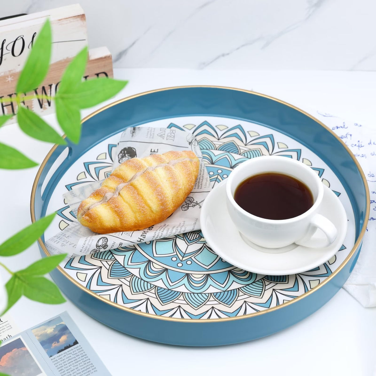 SforGUVA Round Cyan Decorative Tray for Coffee Table, Ottoman, 13” Plastic Serving Platter Tray with Handles for Entertaining, Living Room