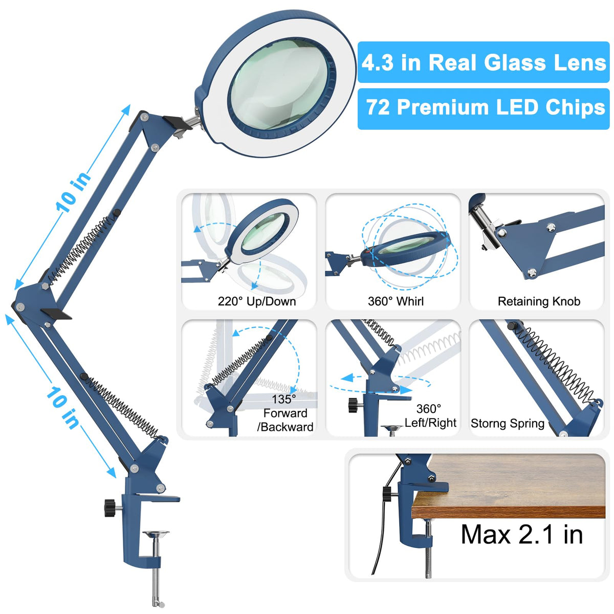 10X Magnifying Glass with Light and Clamp, Real Glass Stand Lighted Magnifier, 5 Color Modes Stepless Dimmable LED Desk Lamp Hands Free for Crafts Hobby Reading Painting Sewing Close Work - Blue