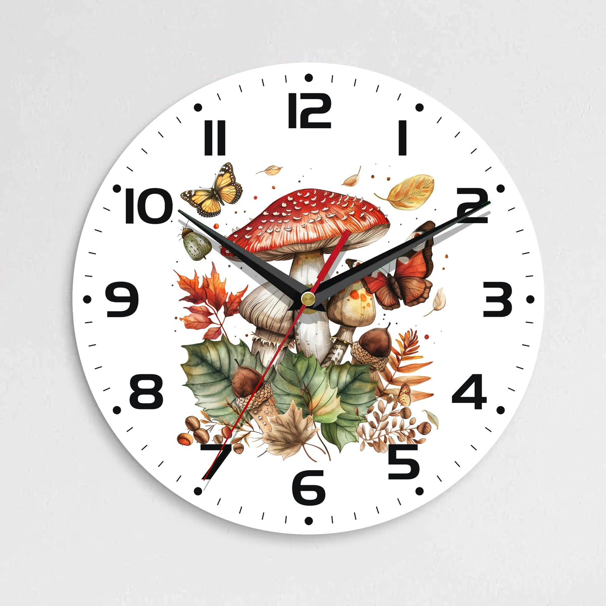 ENUIEO Wall Clock, 10 Inch Silent Non-Ticking Home Kitchen Decor, Battery Operated for Bathroom Bedroom Living Room Office(Mushroom Butterfly)