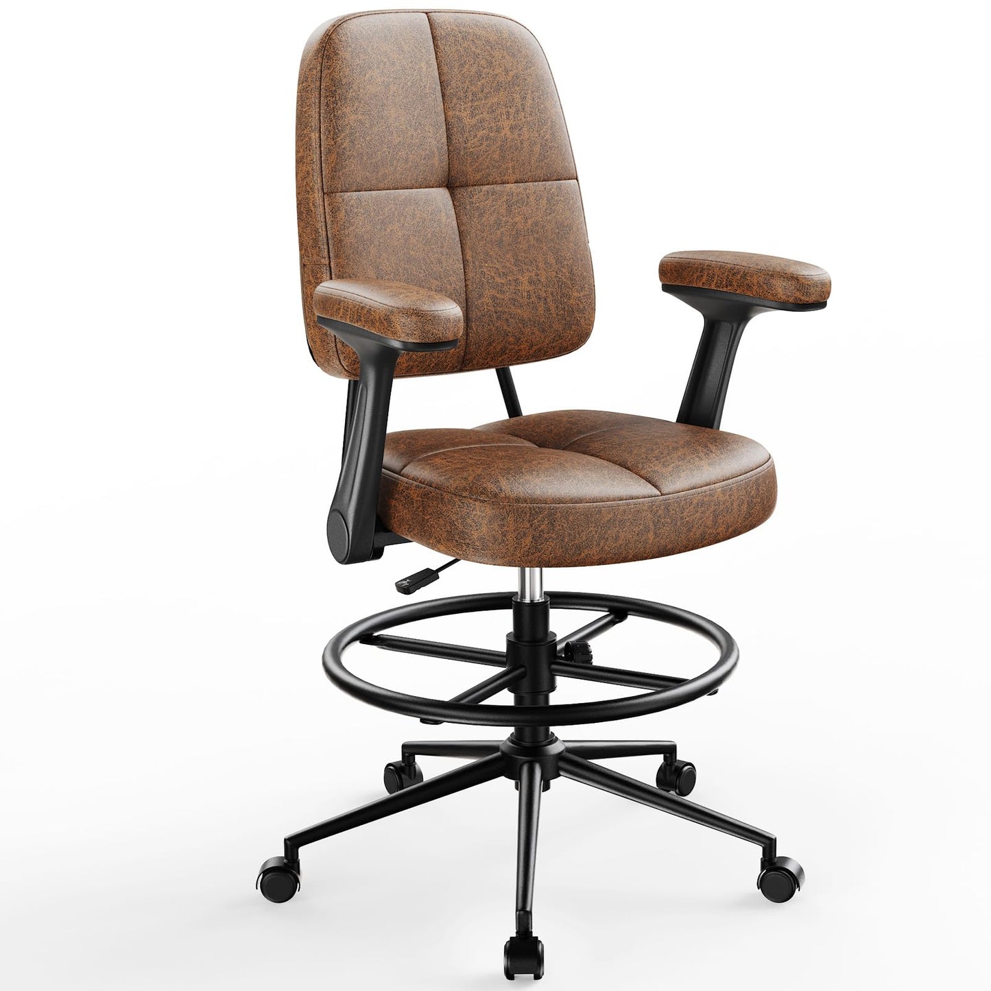 Marsail Drafting Chair with Flip-Up Armrests and Footrest, Ergonomic Tall Office Chair, Height Adjustable High Chair, Brown Leather Seat with Thick Cushion, 360° Swivel, for Standing Desk, Home Office