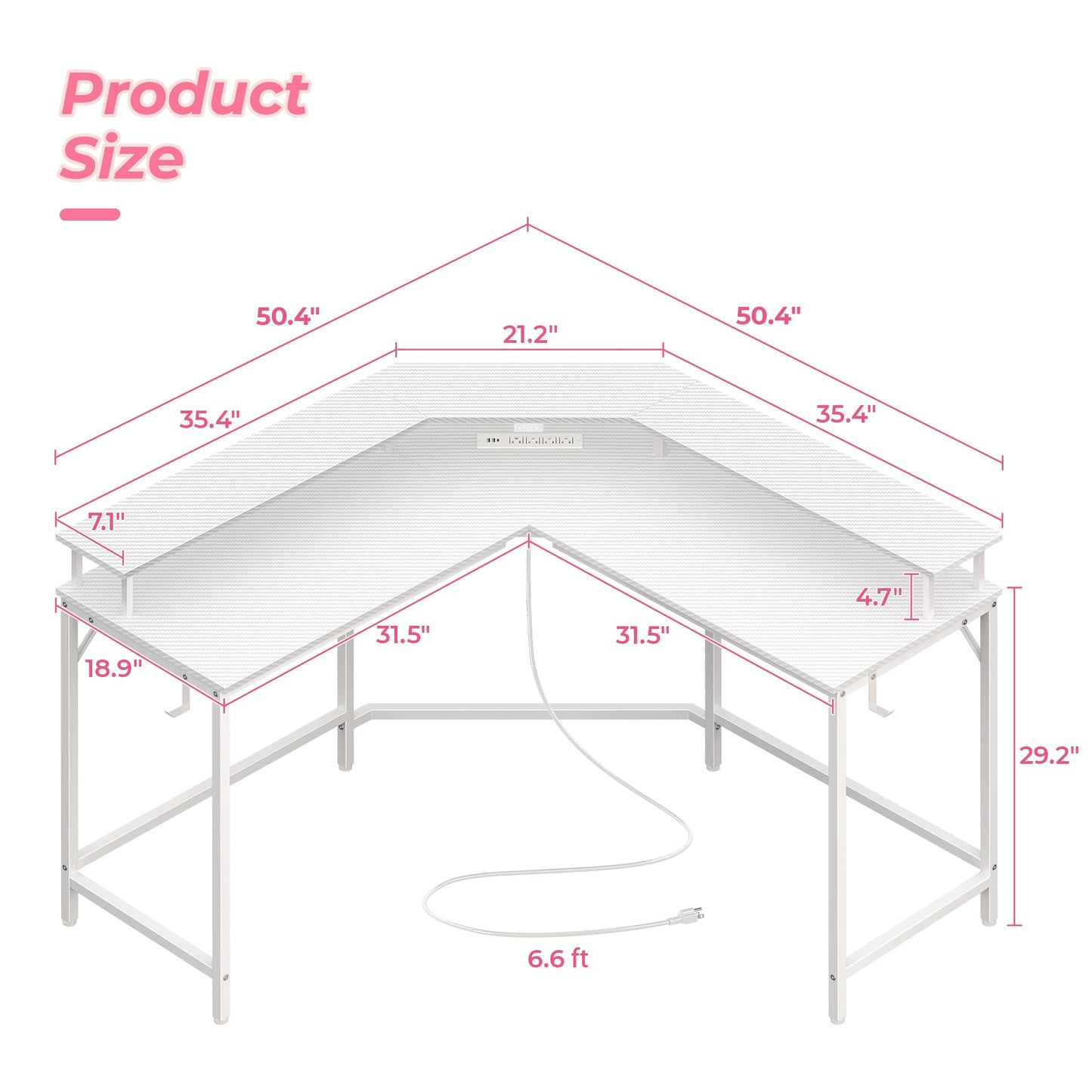 Huuger L Shaped Gaming Desk with Power Outlets & LED Lights, Computer Desk with Monitor Shelves, Carbon Fiber Surface, Home Office Desk, Corner Gaming Desk with Hooks, Carbon Fiber White