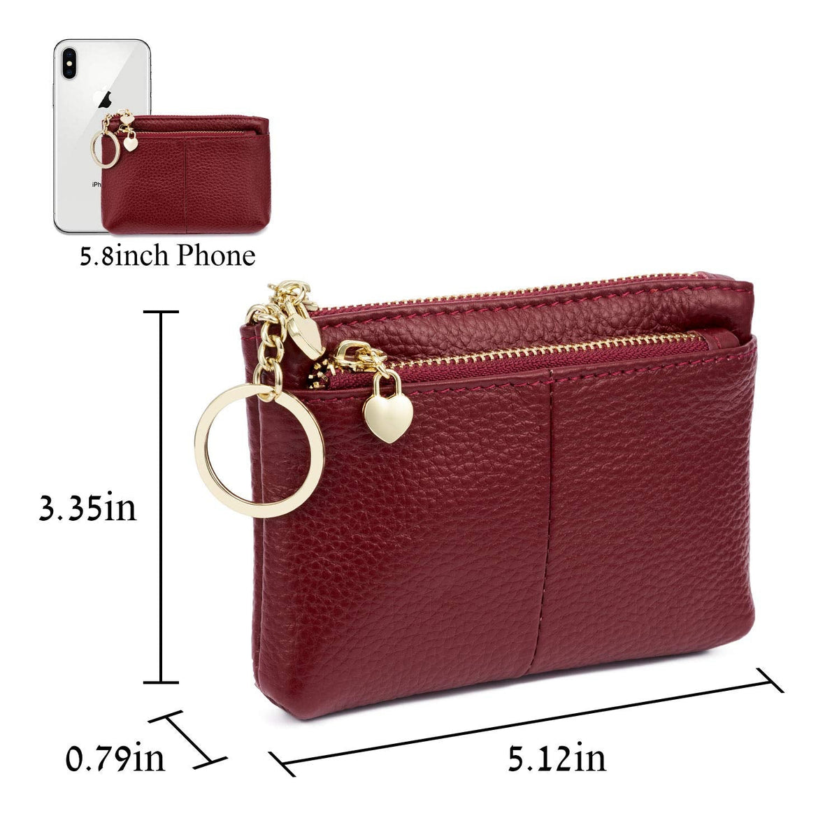 ZOOEASS Coin Purse Women Genuine Leather Zip Mini Purse With Key Ring Triple Zipper Card Holder Wallet(Wine Red)