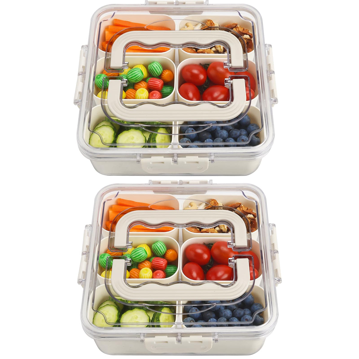 Divided Serving Tray with Lid and Handle, Portable Snack Box Container, 6 Compartments Veggie Fruit Snackle Tray, Charcuterie Platter Container for Party, Nuts, Snacks, Picnic,2 Pack, MEDIUM SIZE