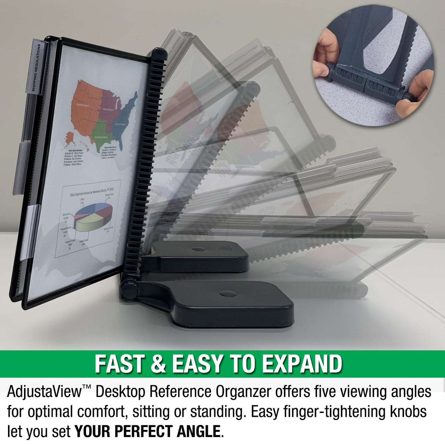 Ultimate Office AdjustaView 10-Pocket Desk Reference Organizer with Easy-Load Pockets and Compact Weighted Base for Stability, Black Pockets
