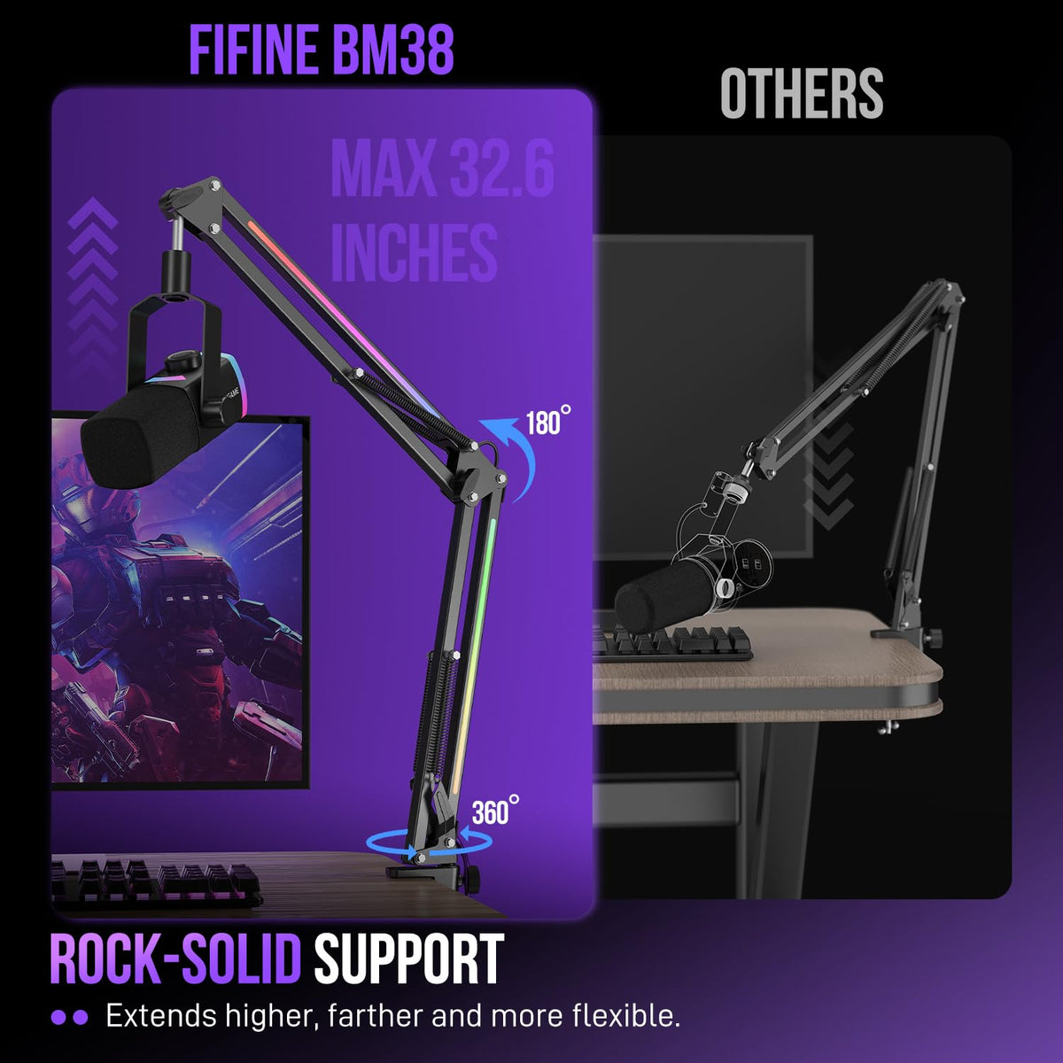 FIFINE Microphone Boom Arm, Metal Adjustable Mic Arm Stand with RGB Control, 3/8” to 5/8” Screw Adapter, Desk Mount Clamp, Suspension Scissor Mic Stand for Gaming Streaming Podcast-AmpliGame BM38
