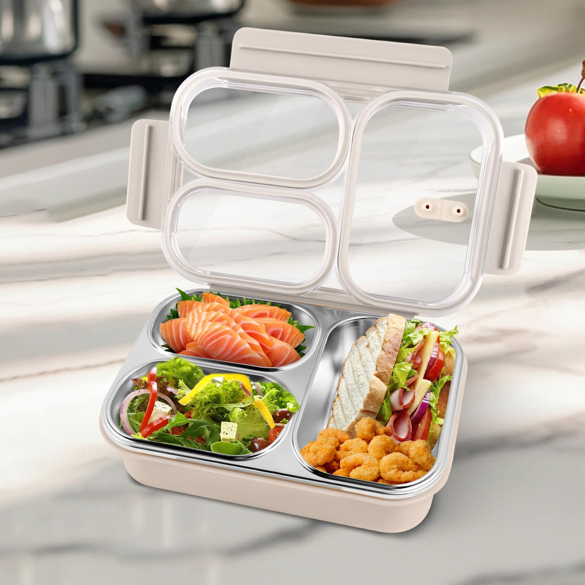 AOEDEO Stainless Steel Lunch Box, 3 Compartments Metal Bento Box for Kids, 25oz Lunch Container with Leakproof Lid, Divided Meal Prep Box for Adults, Kids - Ideal for Office, School, Healthy Eating