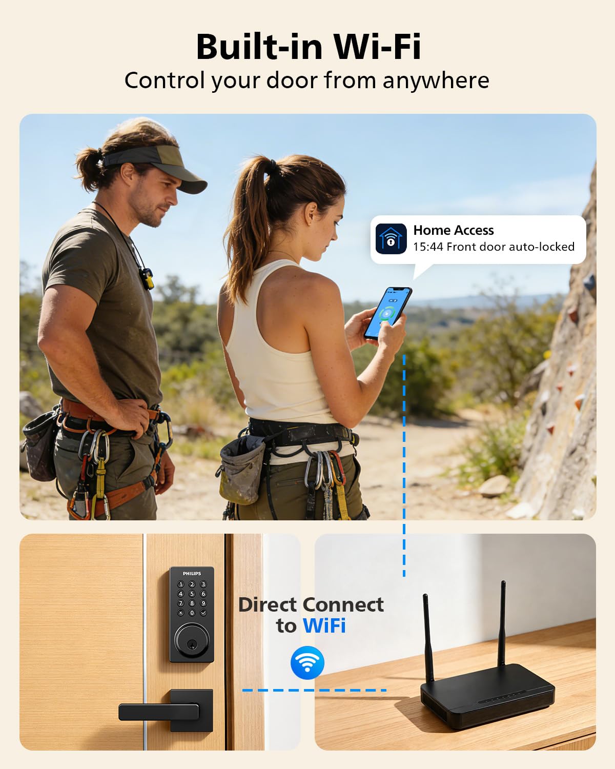 Philips WiFi Smart Door Lock with Handle, Built-in WiFi App Remote Control, Keyless Entry Door Locks for Front Door, Smart Deadbolt Auto Lock, Support Alexa & Google, IP54 Waterproof, Matte Black