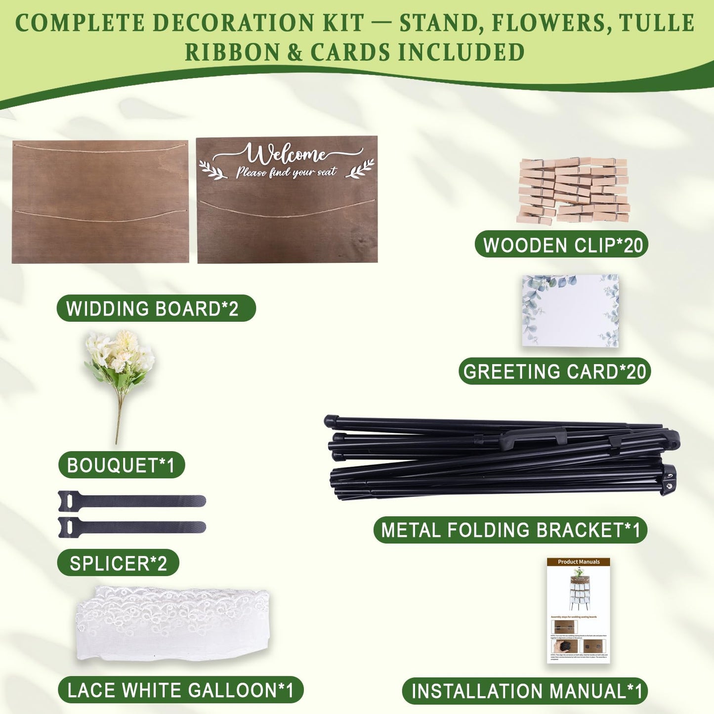Wooden Wedding Seating Chart Board, Two Connectable Panels (23.7"×17"), 0.32" Thick, Foldable Design with Metal Stand, White Lace Ribbon, Floral Décor, and 20 Cards for Ceremony & Reception