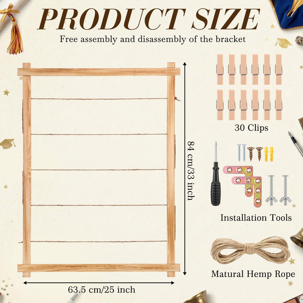 Cinnvoice 33x25 Inch Graduation Decorations Class of 2026 Freestanding Photo Display Board with 30 Clips Stable Tabletop Wooden Picture Frame Collage for Party Hanging Photos Postcards Greeting Cards