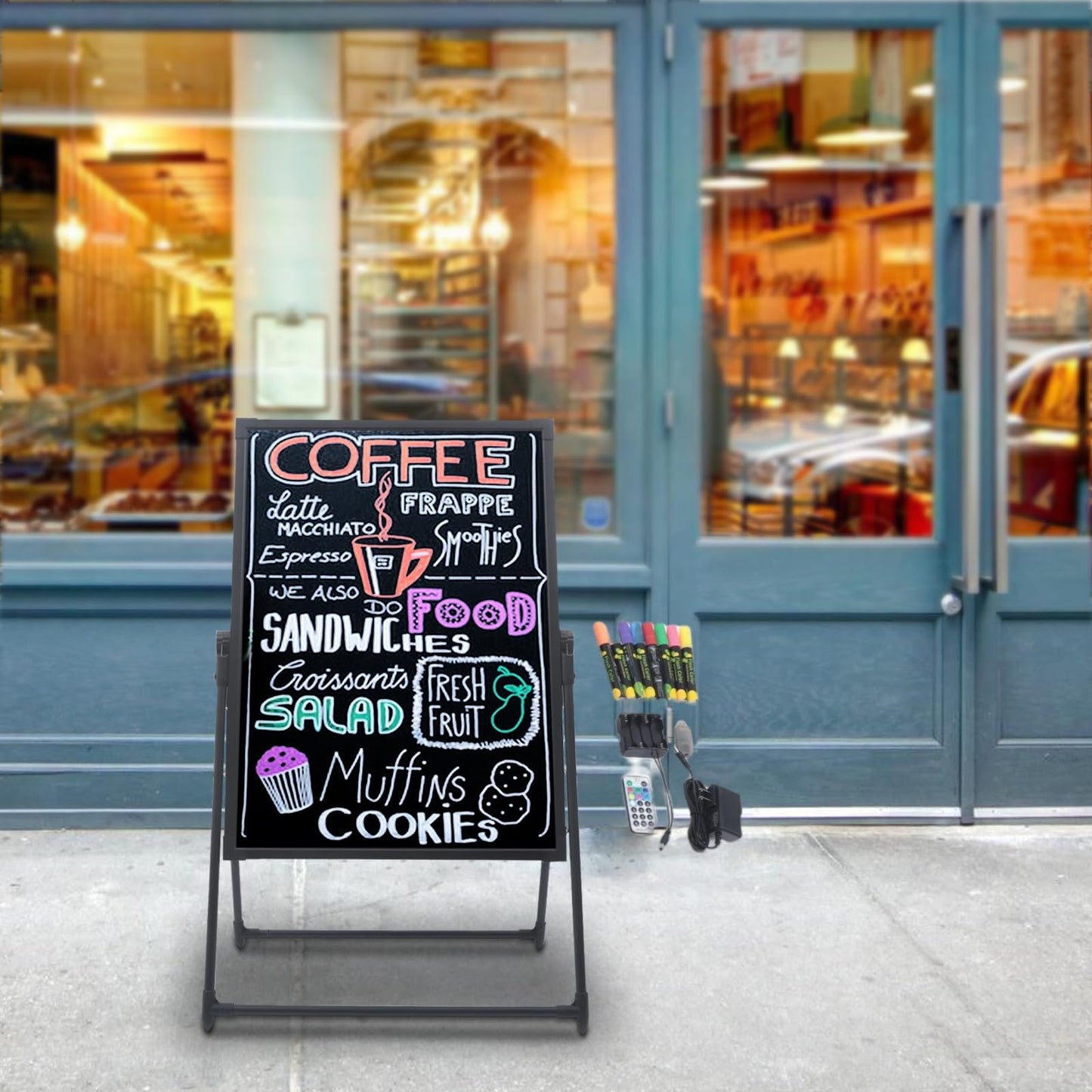 32"x24" LED Message Writing Board Standing A-Frame Menu Sign Board Illuminated Erasable Lighted Chalkboard Sign Menu Board with 8 Highlighters, Towel and Remote Control