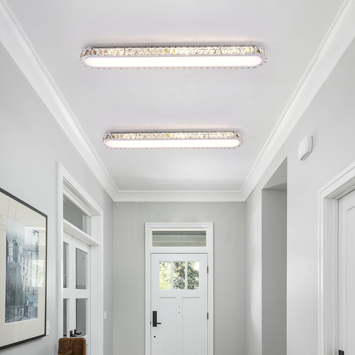 Qcyuui Dimmable LED Ceiling Light 39.4'' Kitchen Lighting Fixtures Ceiling Modern Luxury Crystal Ceiling Light with Remote Chrome Long Ceiling Light Fixture for Kitchen Dining Room Hallway,48W
