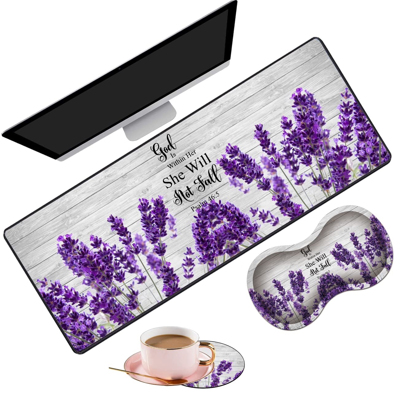 Large Gaming Mouse Pad 31.5x11.8 Inch Keyboard Pad + Ergonomic Wrist Rest Pad and Coaster with Non-Slip 3-Piece Desk Supplies Set, Bible Psalm 46:5 Lavender Design for Gamers/Office/Study