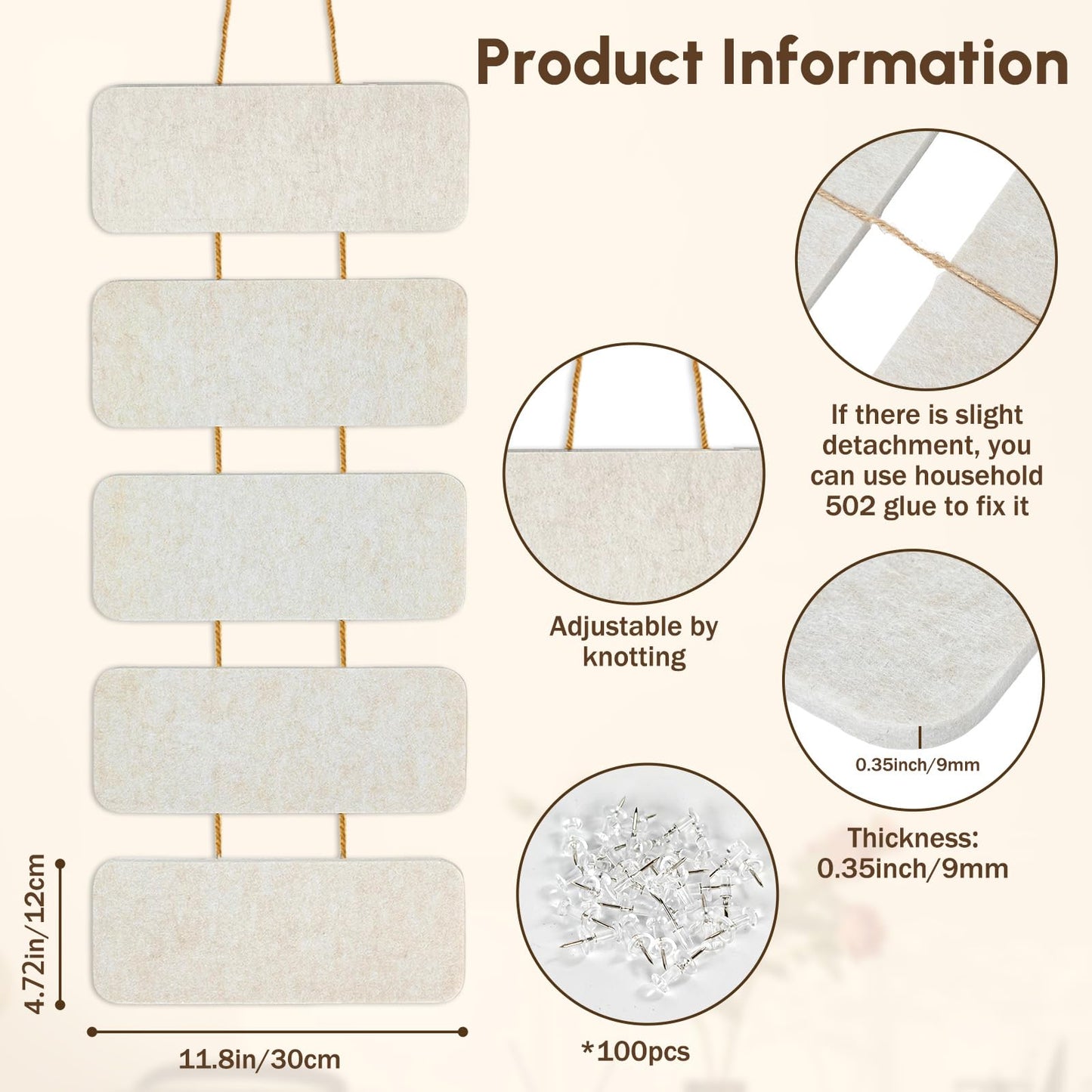 Double-Sided Hanging Felt Boards with Rope，5-Piece Integrated Design Pin Board for DIY Display