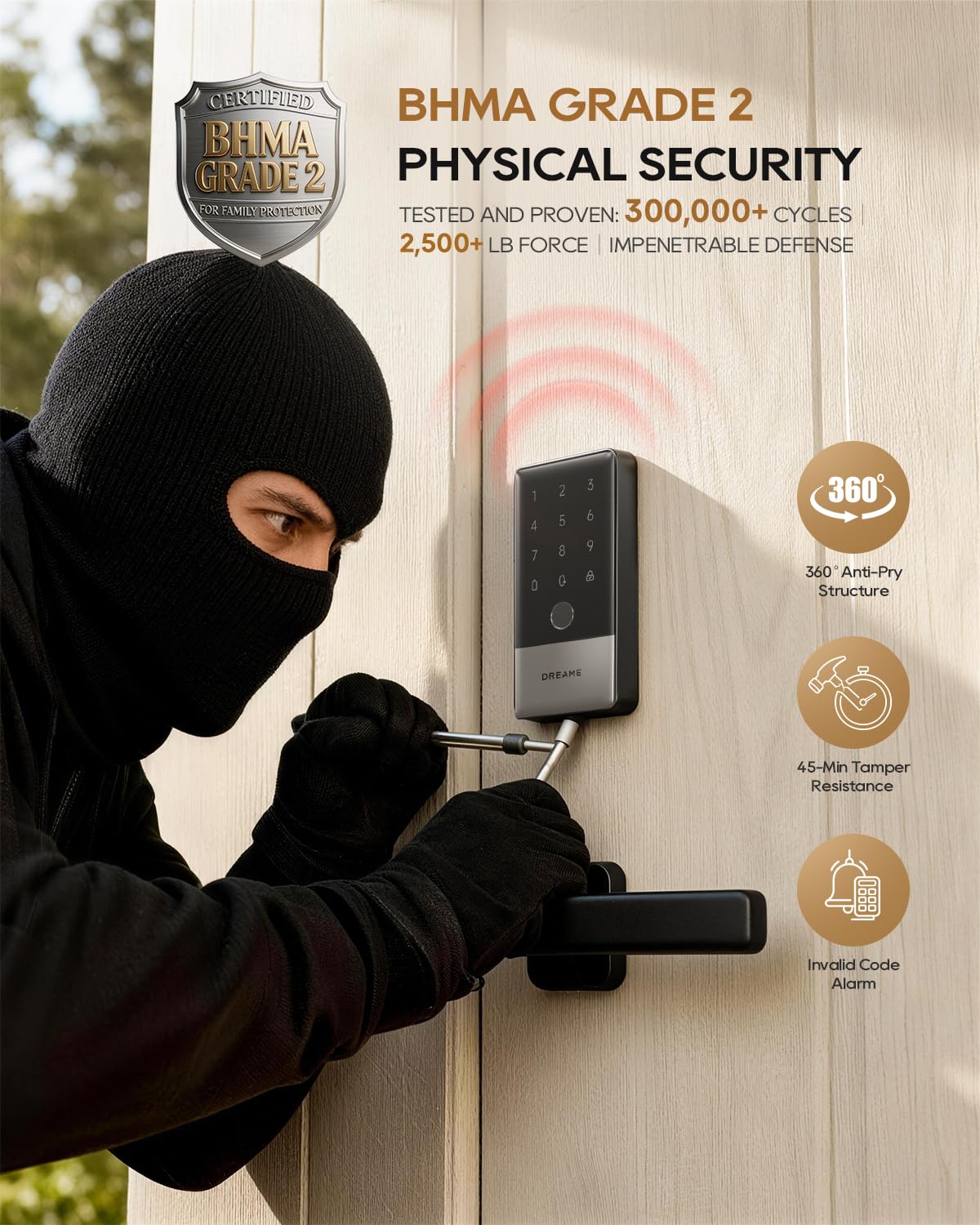 DREAME Wi-Fi Smart Door Lock for Front Door A10, Matter Over Thread, Works with Apple Home, Alexa, Google, AI Fingerprint Keyless Deadbolt Set, Geofencing Auto Unlock, BHMA Grade 2, IP65 Waterproof