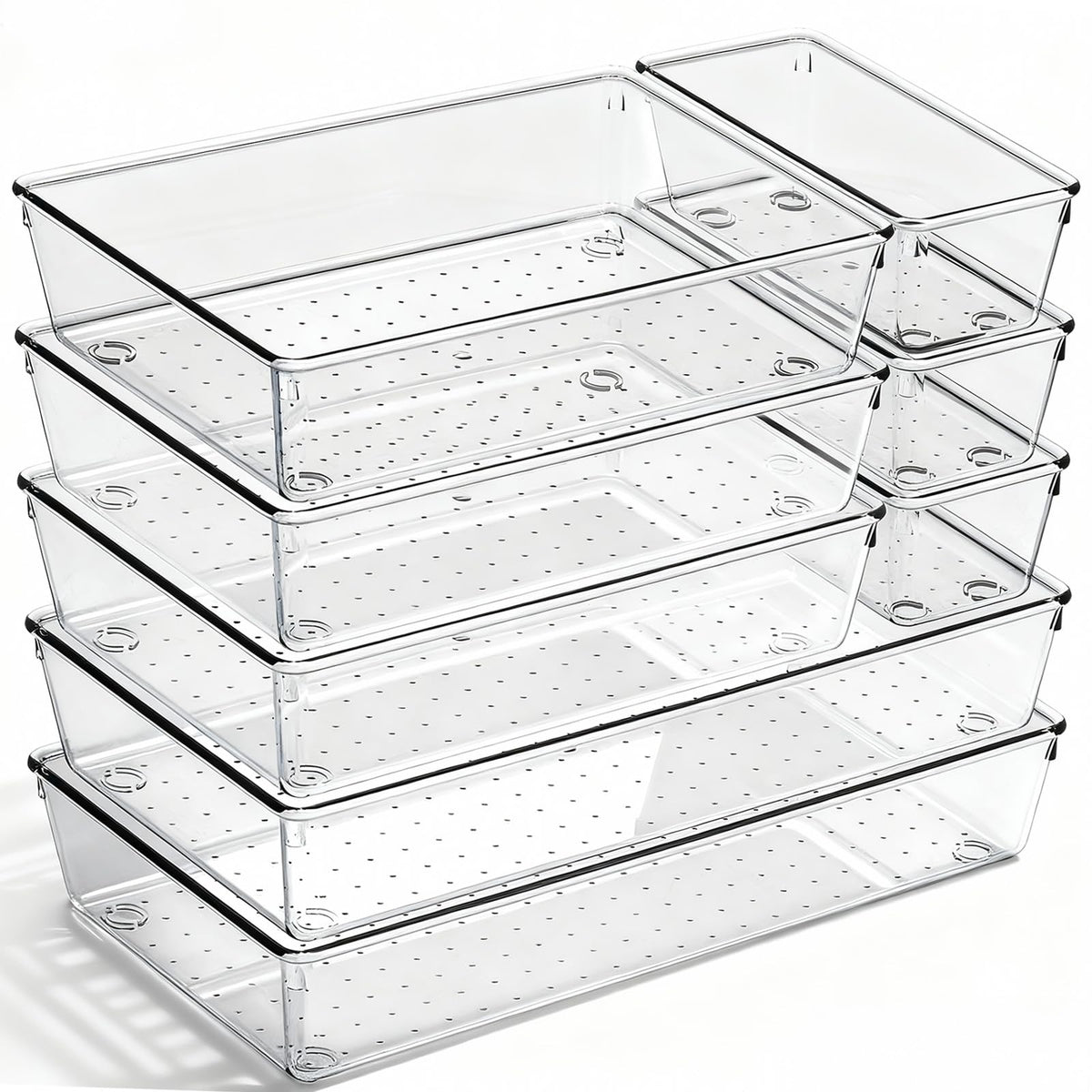 8 Pack Large Clear Plastic Drawer Organizer Bins - Acrylic Bathroom Drawer Organizer Trays - Heavy Duty Kitchen Drawer Dividers for Utensils - Non-Slip Storage Bins for Makeup, Bedroom, Office Desk
