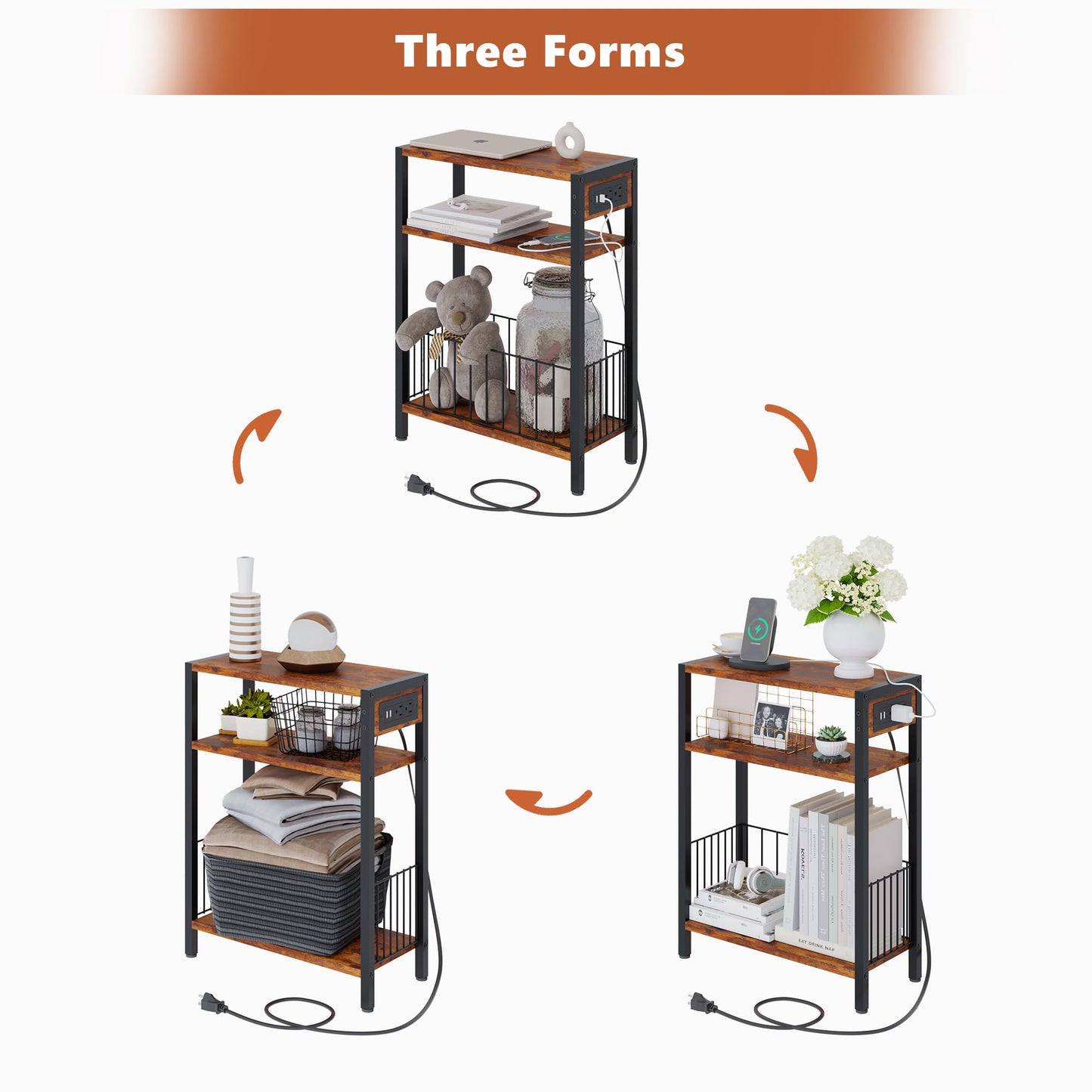 TRIFEBLE Narrow Side Table with Charging Station, Small End Table for Small Spaces, Slim Nightstand with Storage Basket, 3 Tier Skinny Bedside Table for Living Room, Bedroom, Rustic Brown