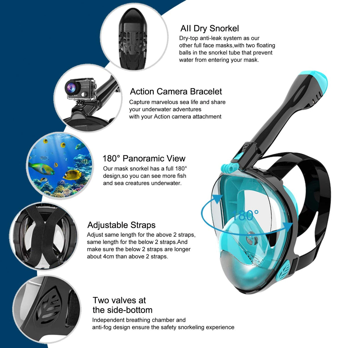 Jwintee Full Face Snorkel Mask, Diving Mask for Kids and Adults,180° Panoramic View Snorkel Mask with Camera Mount, Safe Breathing, Anti-Leak&Anti-Fog