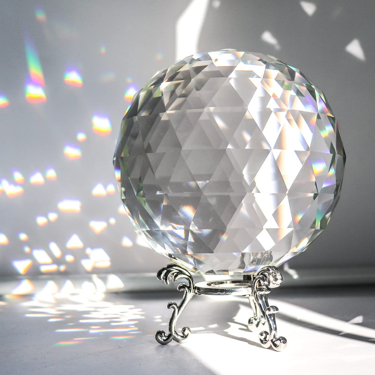 Tirifer Clear Glass Crystal Ball Prisms with Stand, Window Rainbow Maker Sphere Faceted Gazing Ball for Home Décor, Christmas, Wedding, Suncatcher (120mm/4.72in)