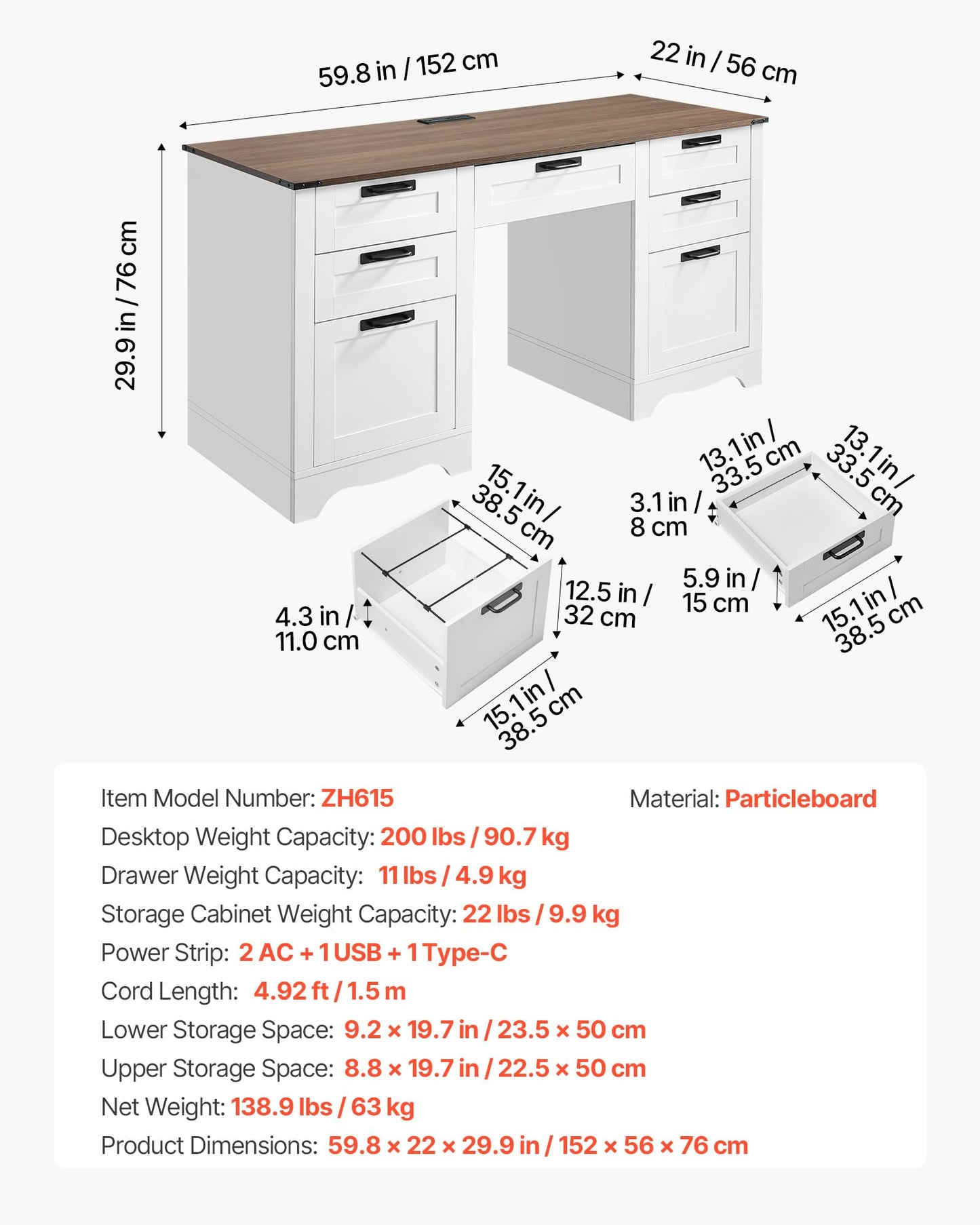 VEVOR 60" Executive Desk with Drawers, Farmhouse Home Office Desk with Charge Station, Keyboard Tray, File Storage Cabinet, 200 LBS Load Capacity Wood Table, Easy Assembly, for Work Study, Walnut
